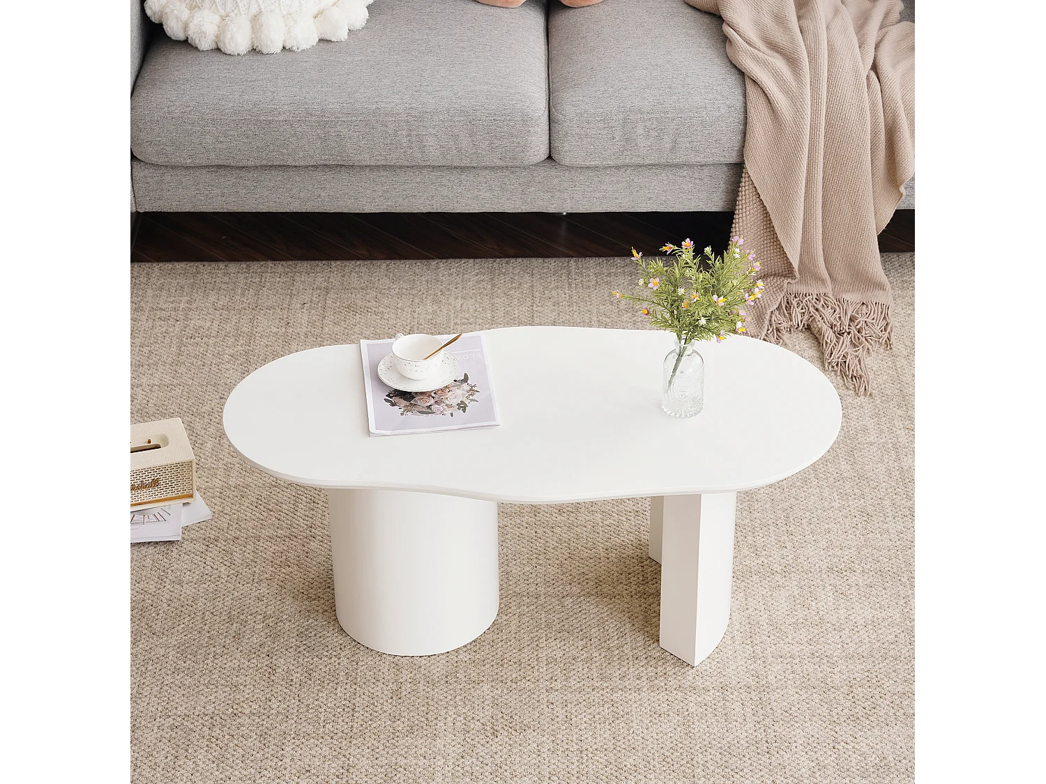 Table basse irrégulière moderne, MDF laqué blanc, plateau courbe élégant (100x40-50x40.5cm)