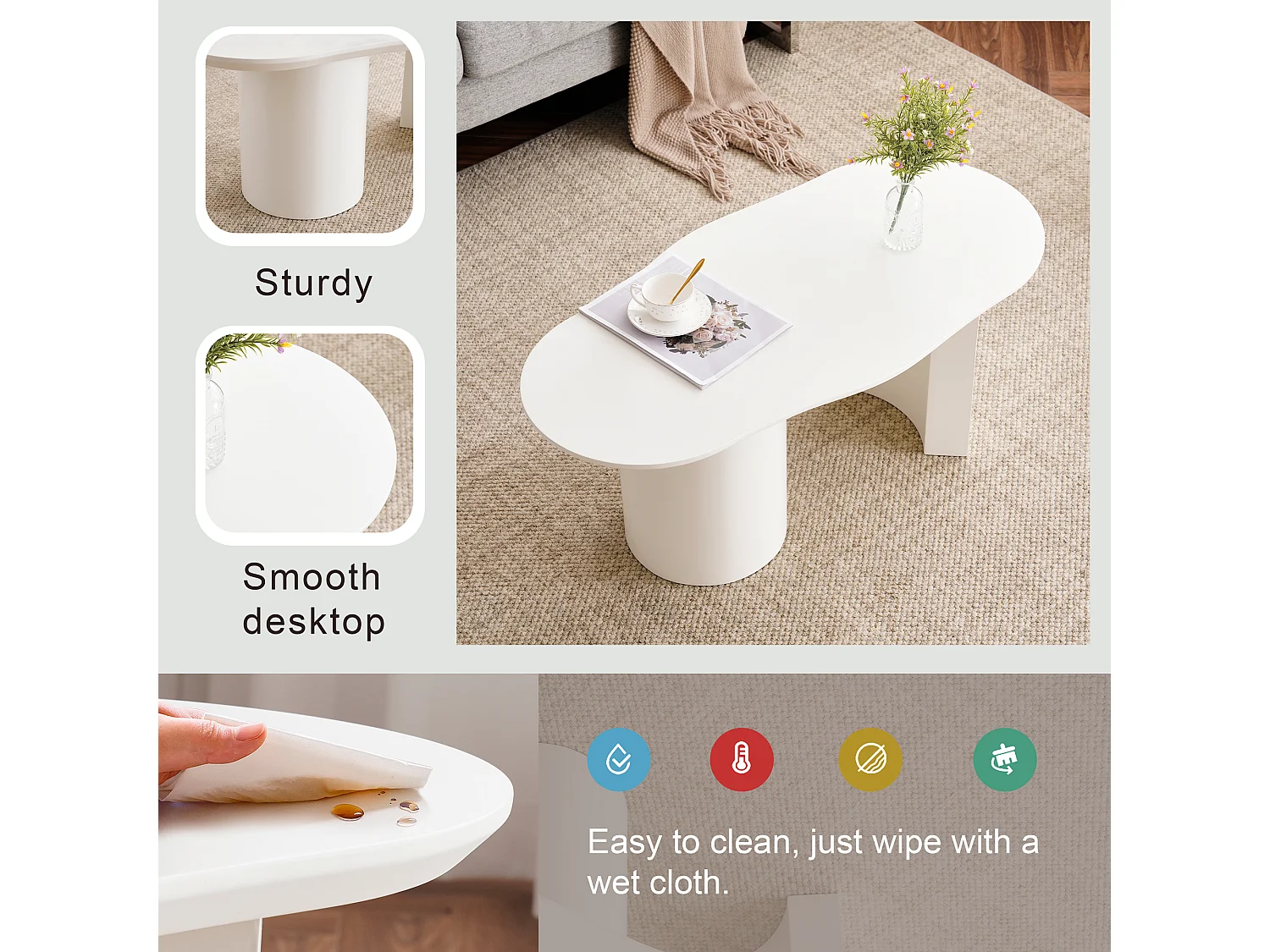 Table basse irrégulière moderne, MDF laqué blanc, plateau courbe élégant (100x40-50x40.5cm)