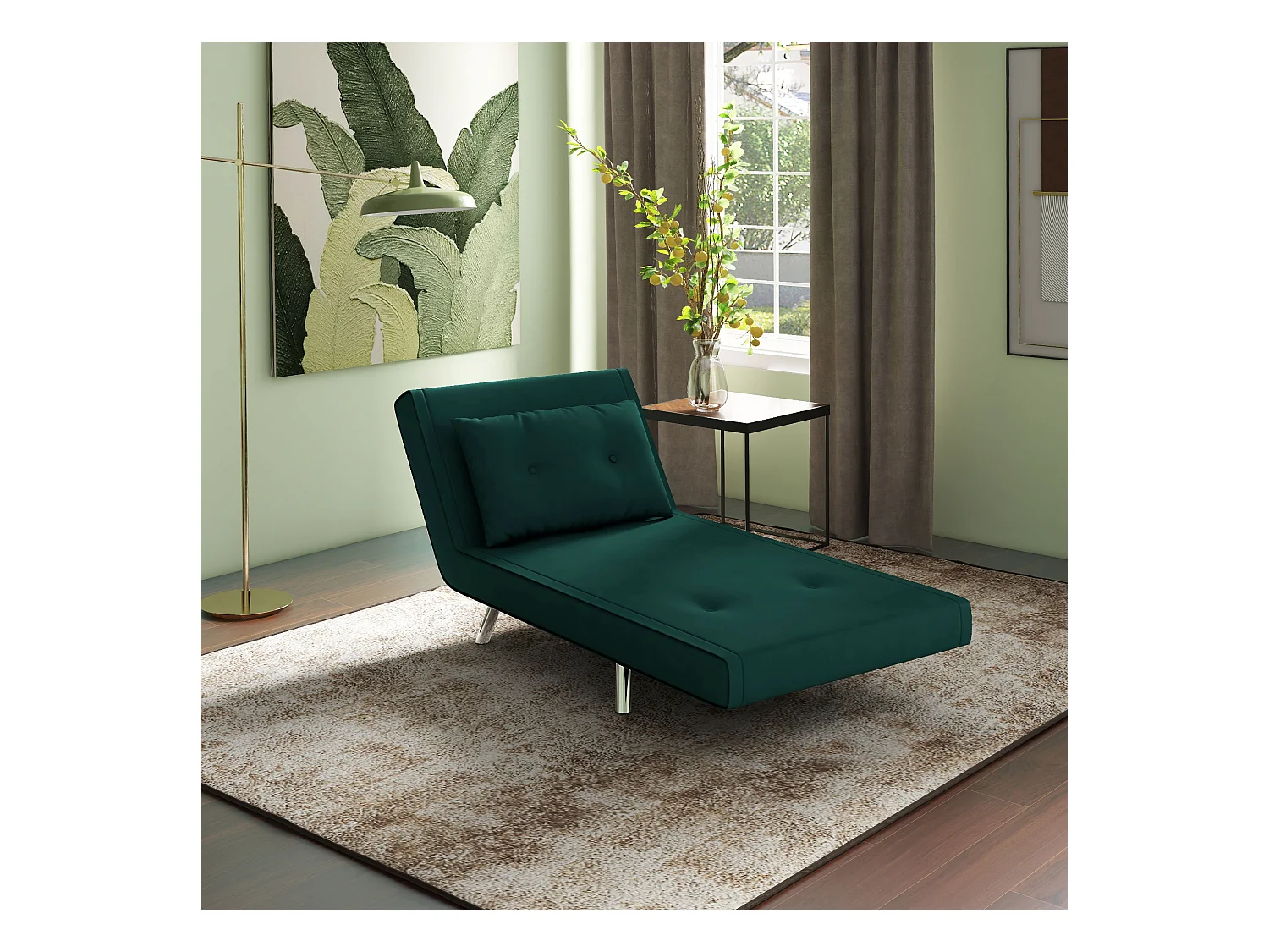 Fauteuil convertible 3-en-1 avec coussin, tissu velours, pieds en acier, vert foncé (77x88x83cm)