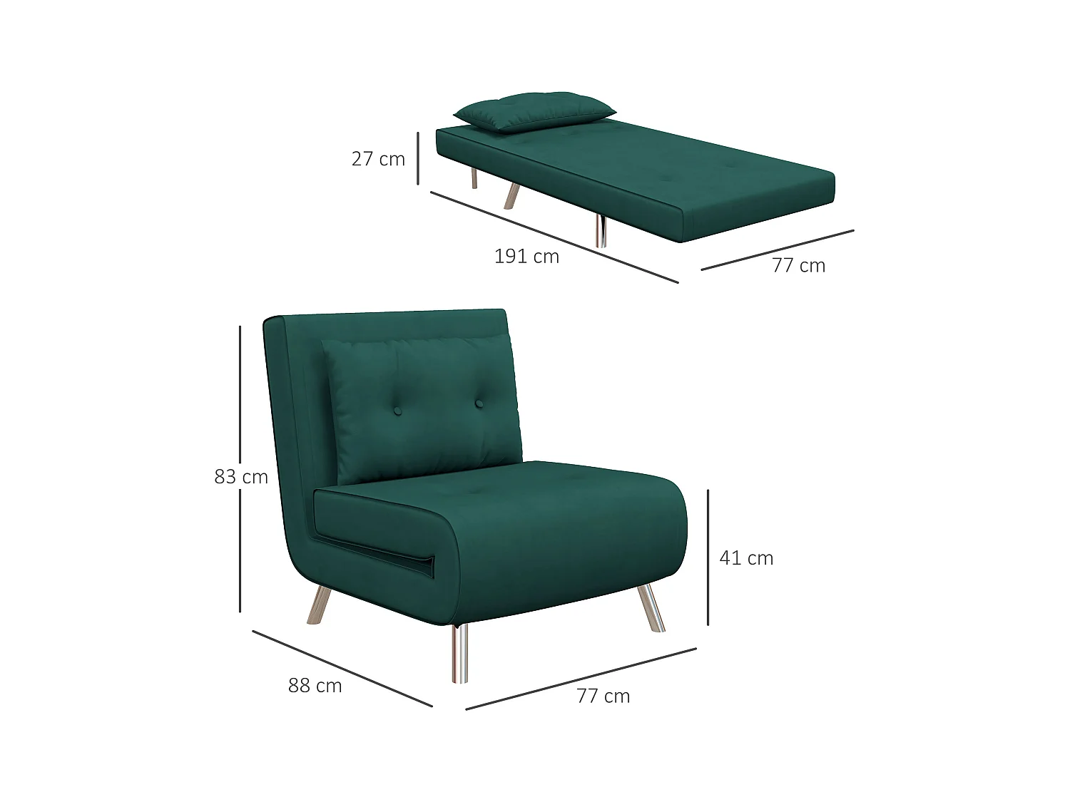 Fauteuil convertible 3-en-1 avec coussin, tissu velours, pieds en acier, vert foncé (77x88x83cm)