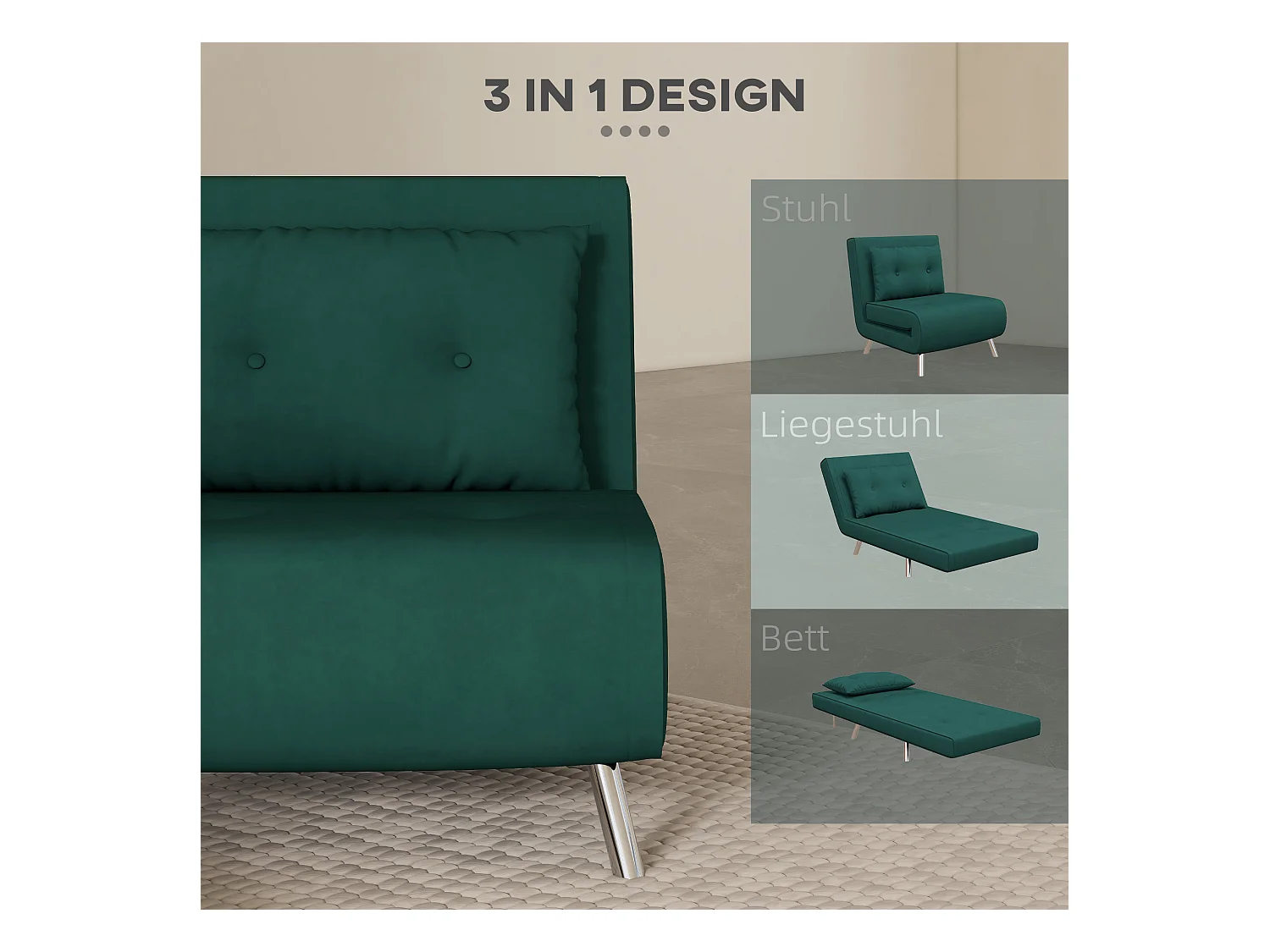 Fauteuil convertible 3-en-1 avec coussin, tissu velours, pieds en acier, vert foncé (77x88x83cm)