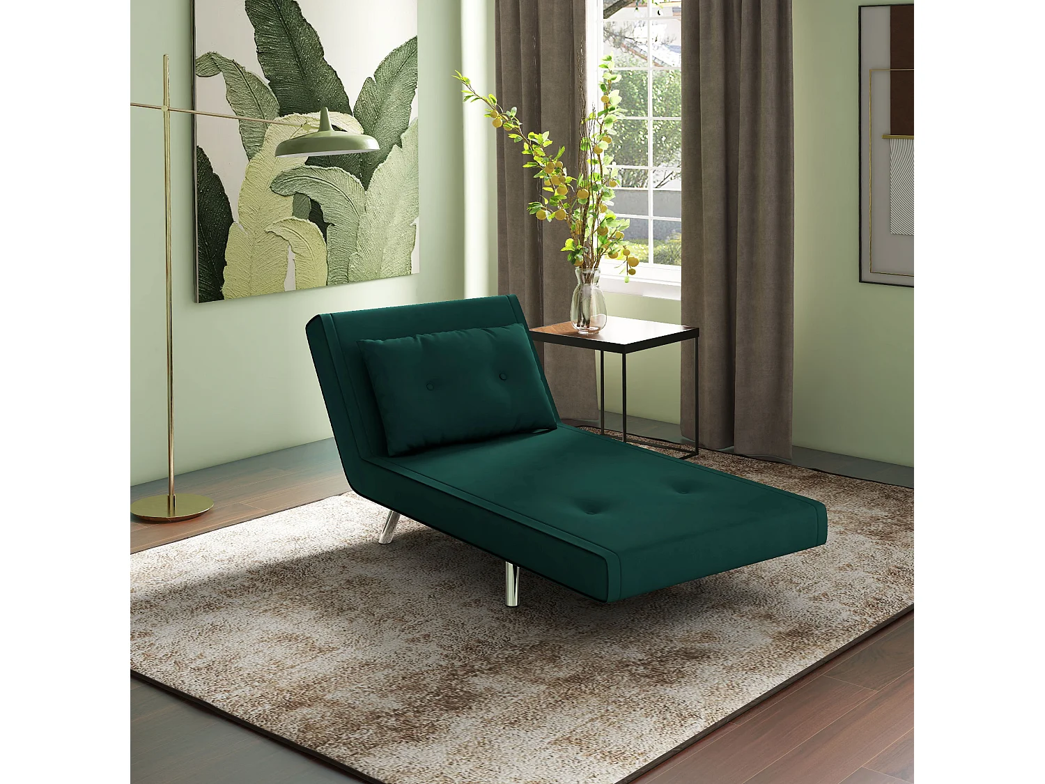 Fauteuil convertible 3-en-1 avec coussin, tissu velours, pieds en acier, vert foncé (77x88x83cm)