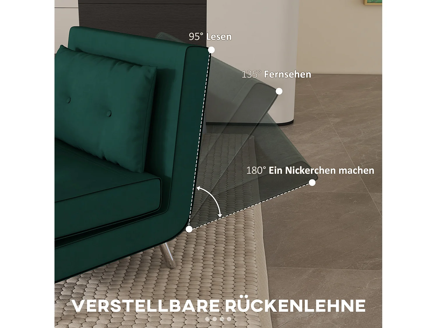 Fauteuil convertible 3-en-1 avec coussin, tissu velours, pieds en acier, vert foncé (77x88x83cm)