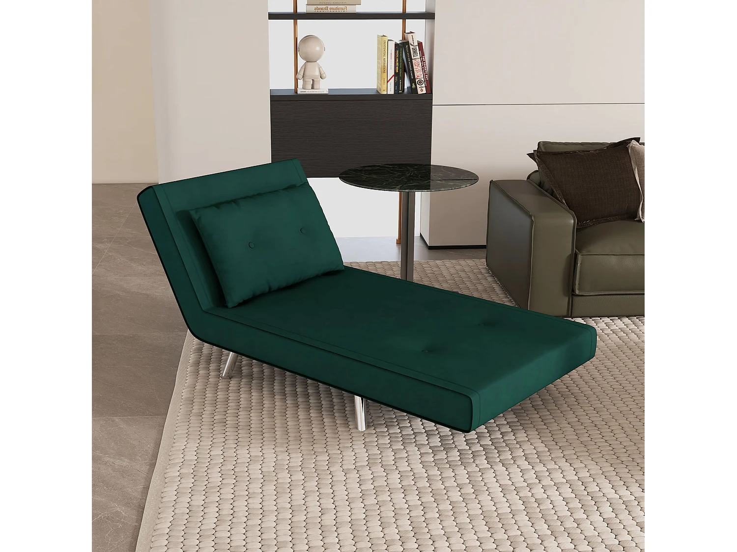 Fauteuil convertible 3-en-1 avec coussin, tissu velours, pieds en acier, vert foncé (77x88x83cm)