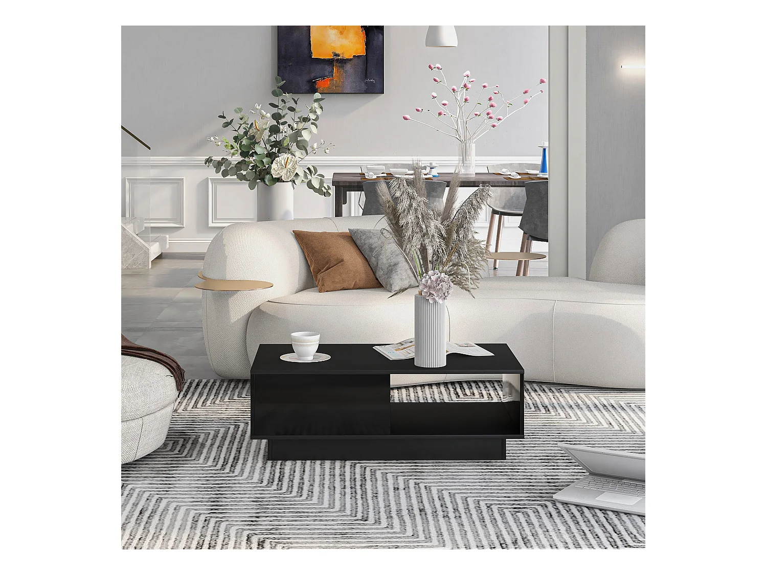 Table basse moderne laquée avec plateau extensible et rangement, panneau de particules, noir (95x55x32cm)