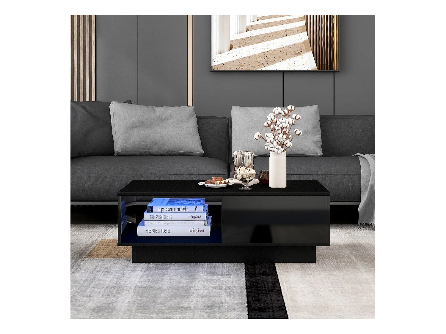 Table basse moderne laquée avec plateau extensible et rangement, panneau de particules, noir (95x55x32cm)