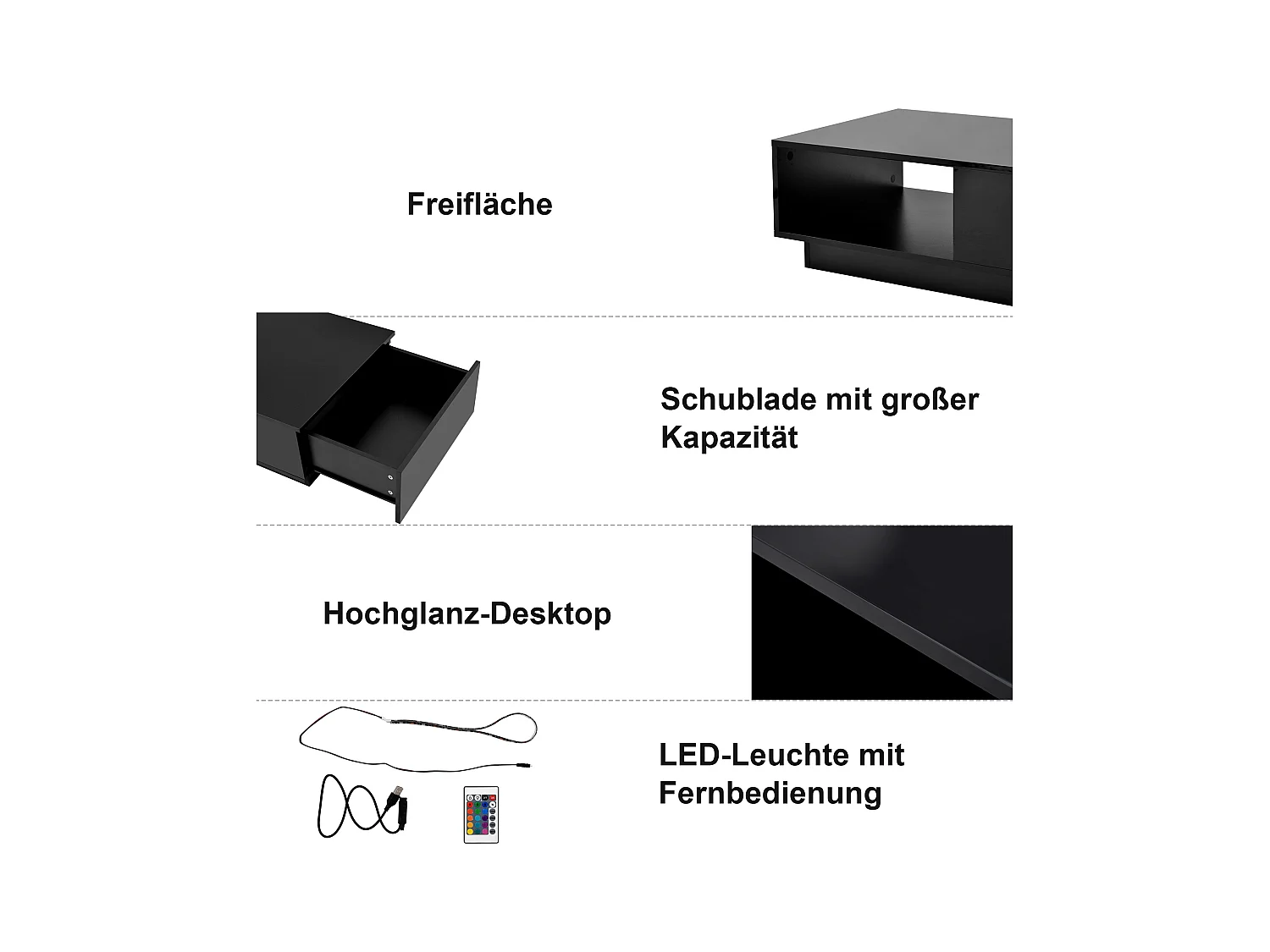 Table basse moderne laquée avec plateau extensible et rangement, panneau de particules, noir (95x55x32cm)