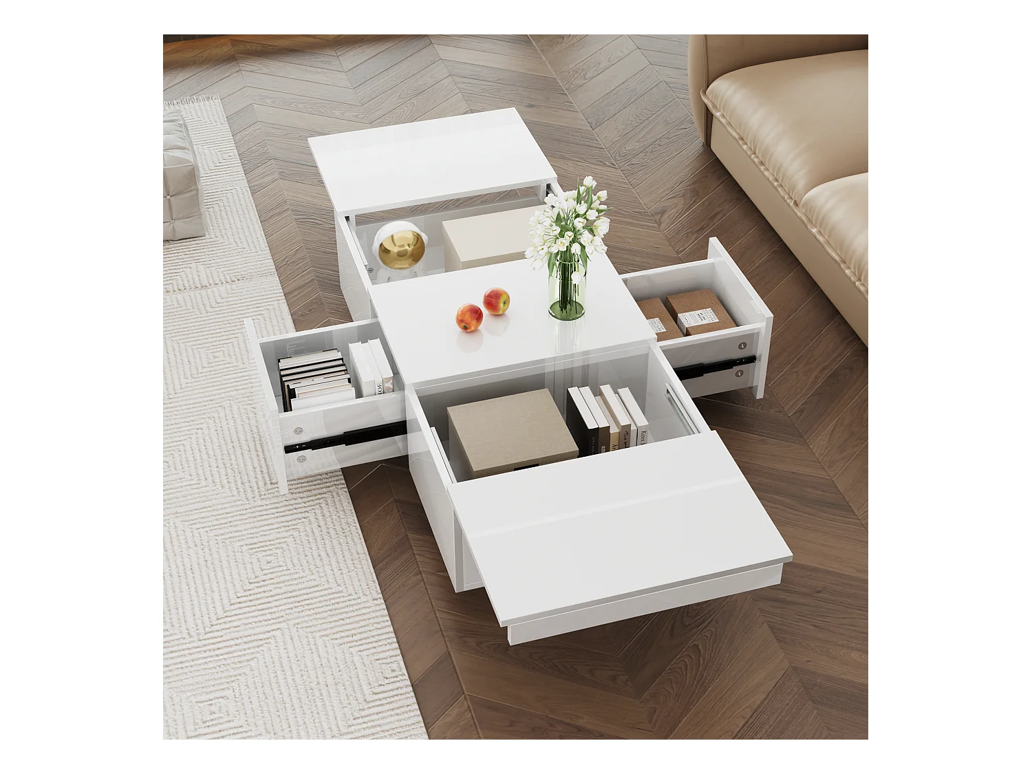 Tavolino di alta gamma con struttura contenitore push-pull, due cassetti reversibili, finitura lucida, bianco (100x50x31 cm)