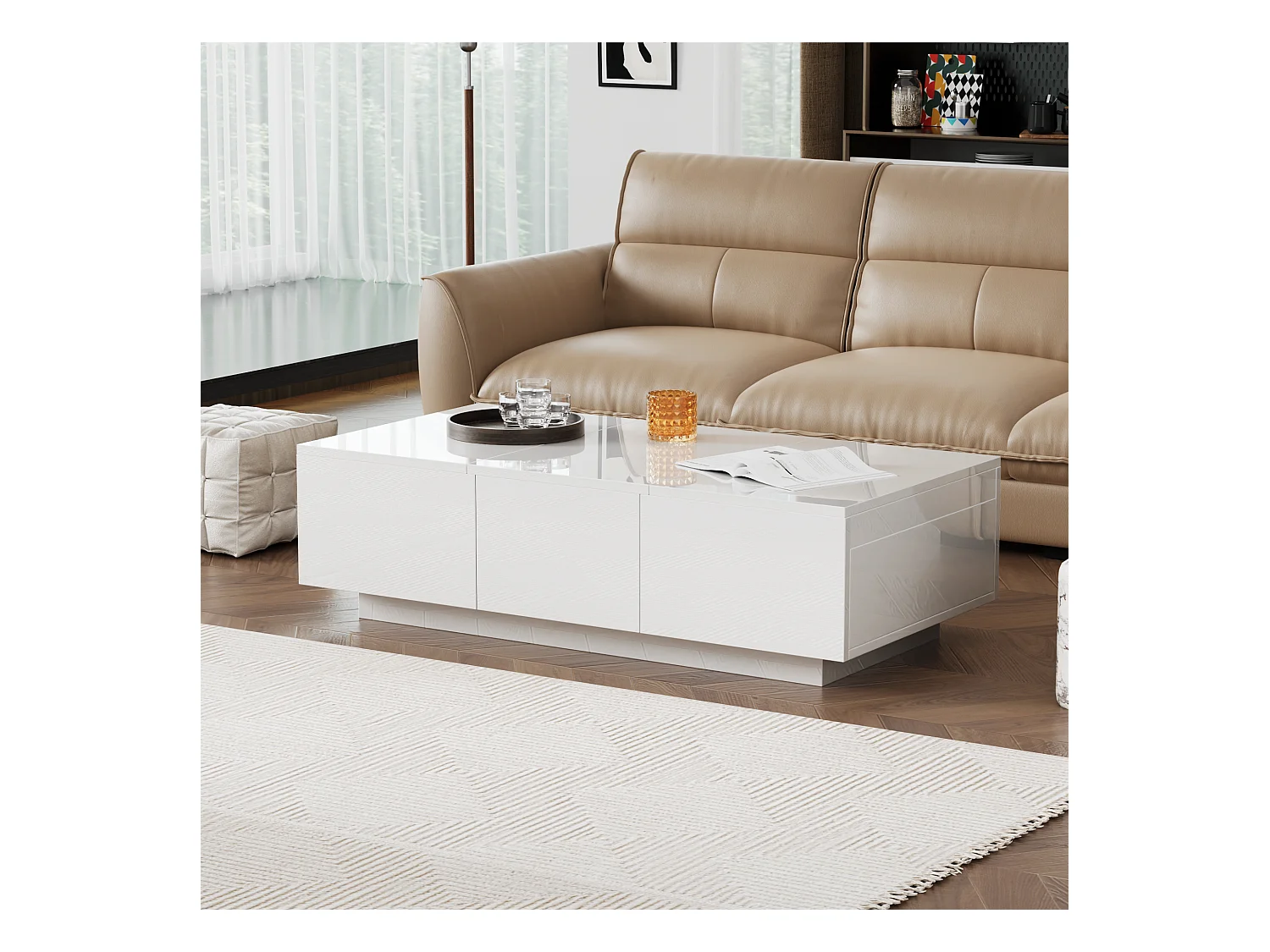 Tavolino di alta gamma con struttura contenitore push-pull, due cassetti reversibili, finitura lucida, bianco (100x50x31 cm)