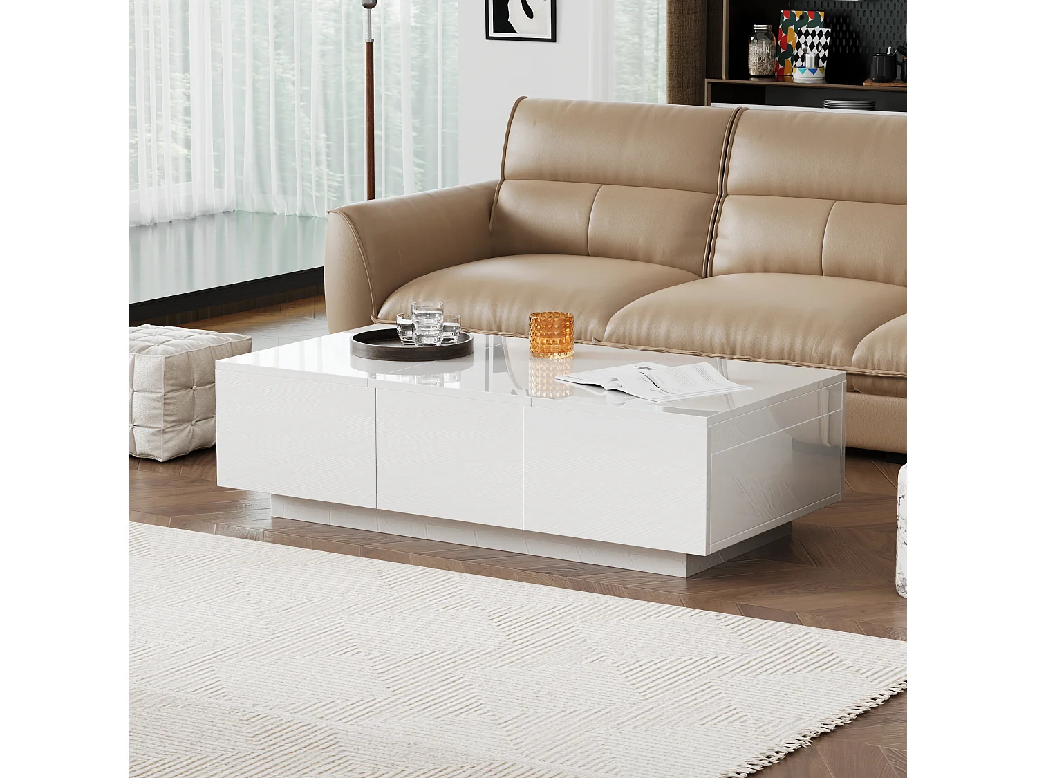 Table basse haut de gamme avec structure de rangement Push-Pull, deux tiroirs réversibles, finition brillante, blanche (100x50x31 cm)