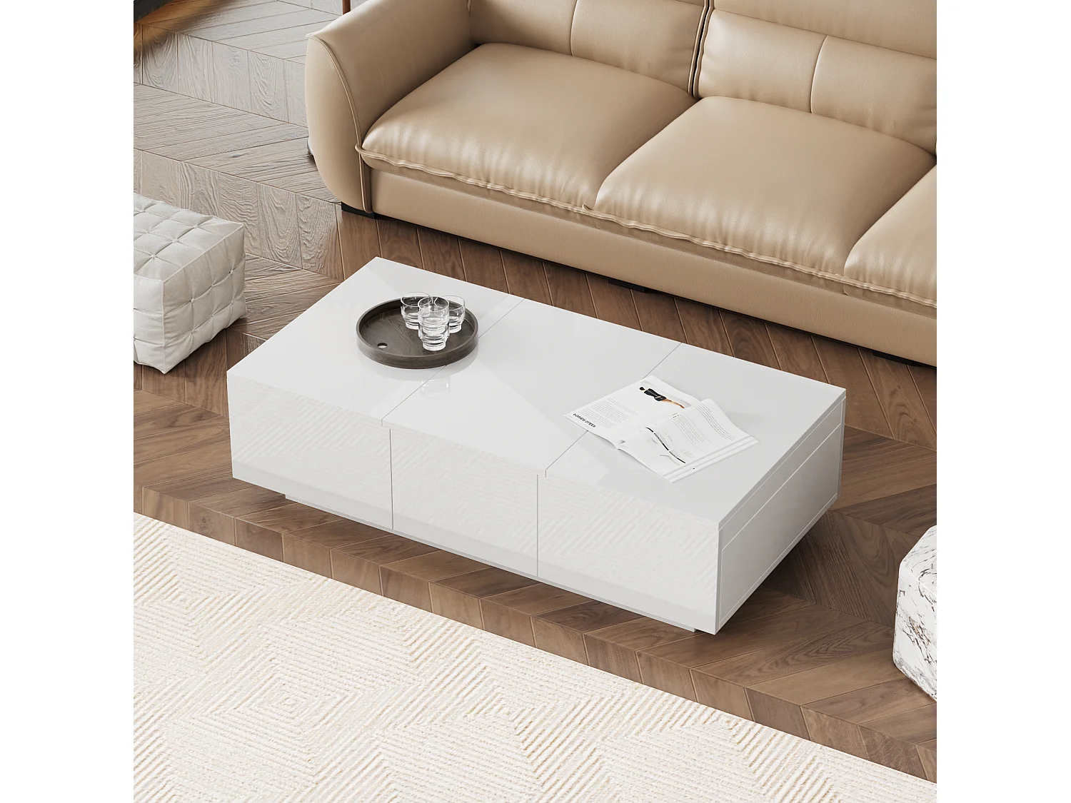 Table basse haut de gamme avec structure de rangement Push-Pull, deux tiroirs réversibles, finition brillante, blanche (100x50x31 cm)