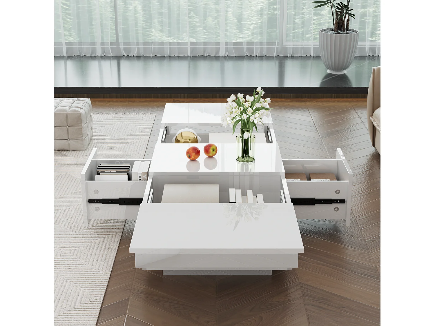 Table basse haut de gamme avec structure de rangement Push-Pull, deux tiroirs réversibles, finition brillante, blanche (100x50x31 cm)