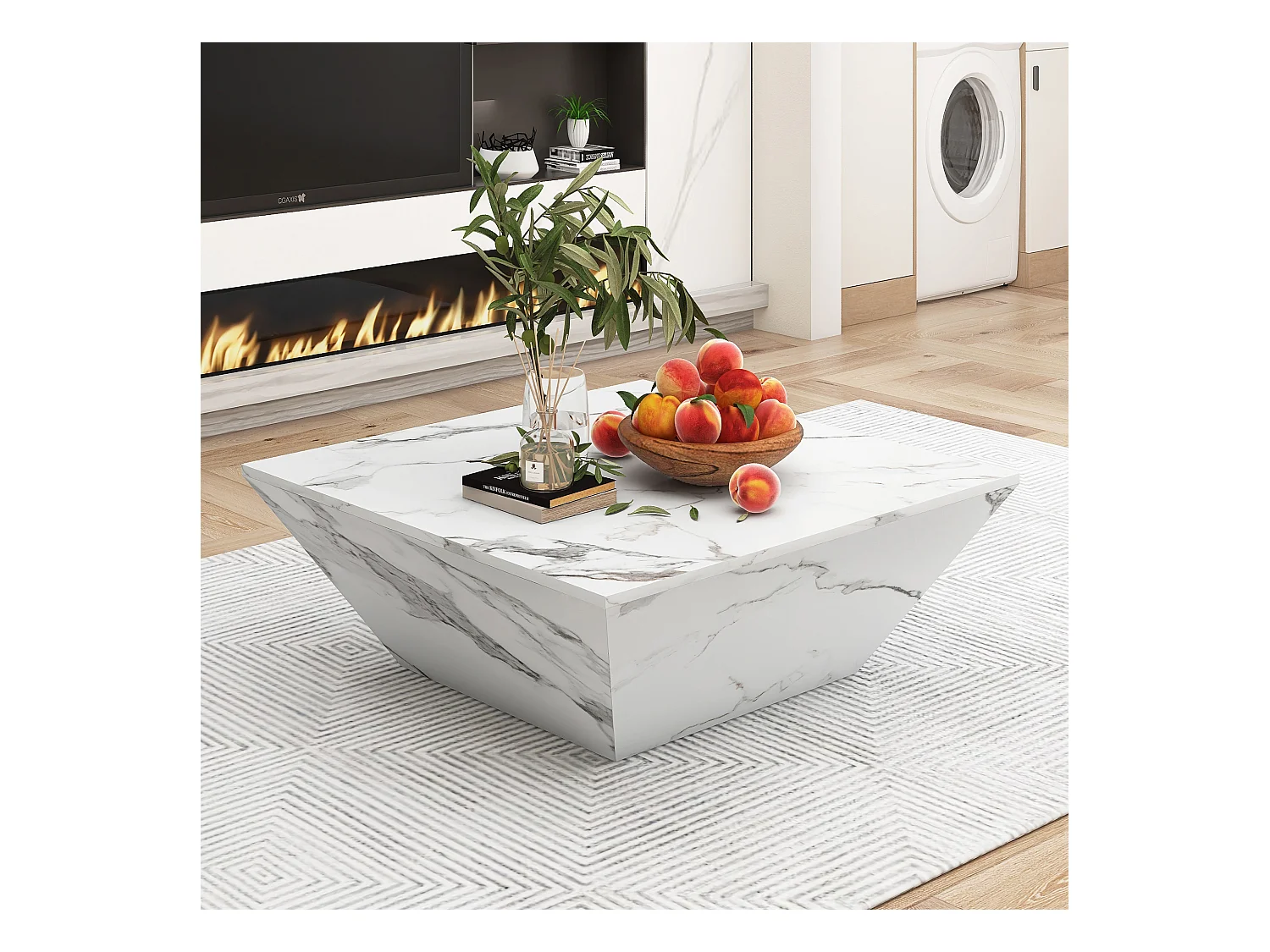 Table basse moderne trapézoïdale, plateau en placage marbre blanc, MDF, blanc (70x70x37cm)
