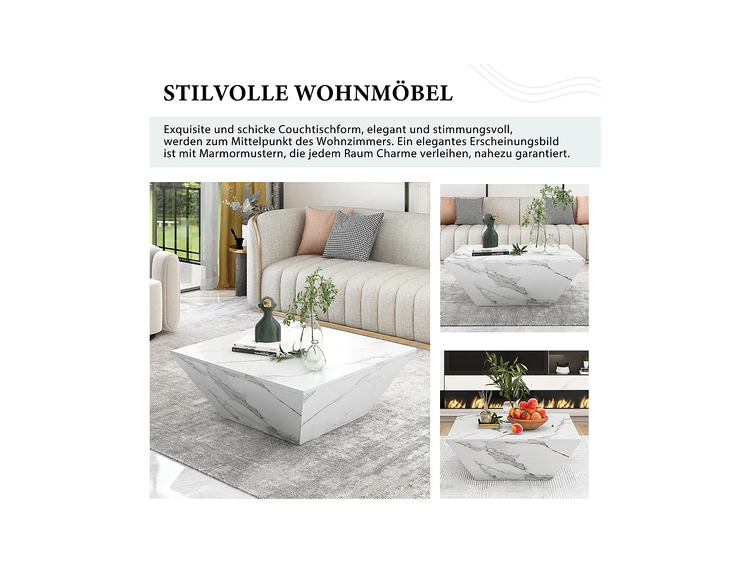 Table basse moderne trapézoïdale, plateau en placage marbre blanc, MDF, blanc (70x70x37cm)