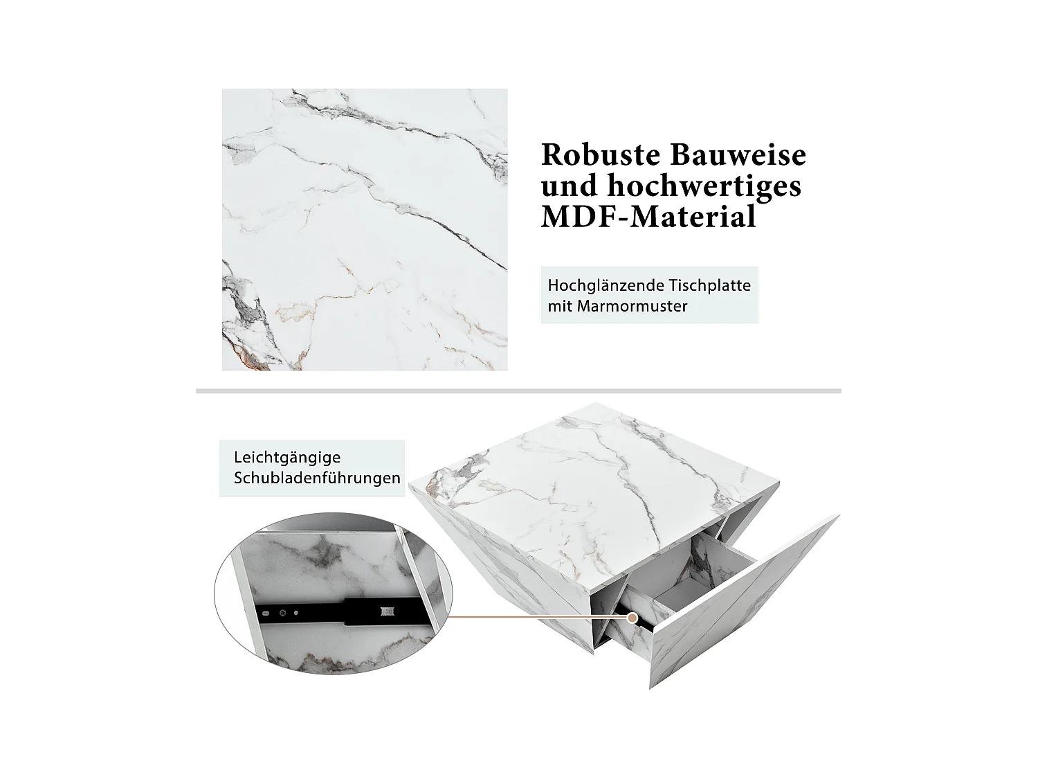 Table basse moderne trapézoïdale, plateau en placage marbre blanc, MDF, blanc (70x70x37cm)