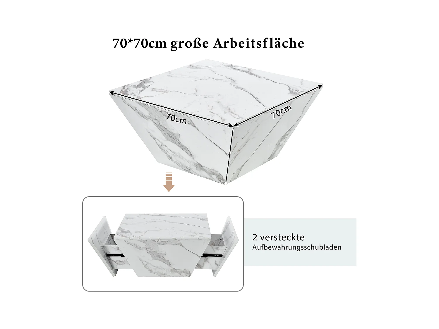 Table basse moderne trapézoïdale, plateau en placage marbre blanc, MDF, blanc (70x70x37cm)