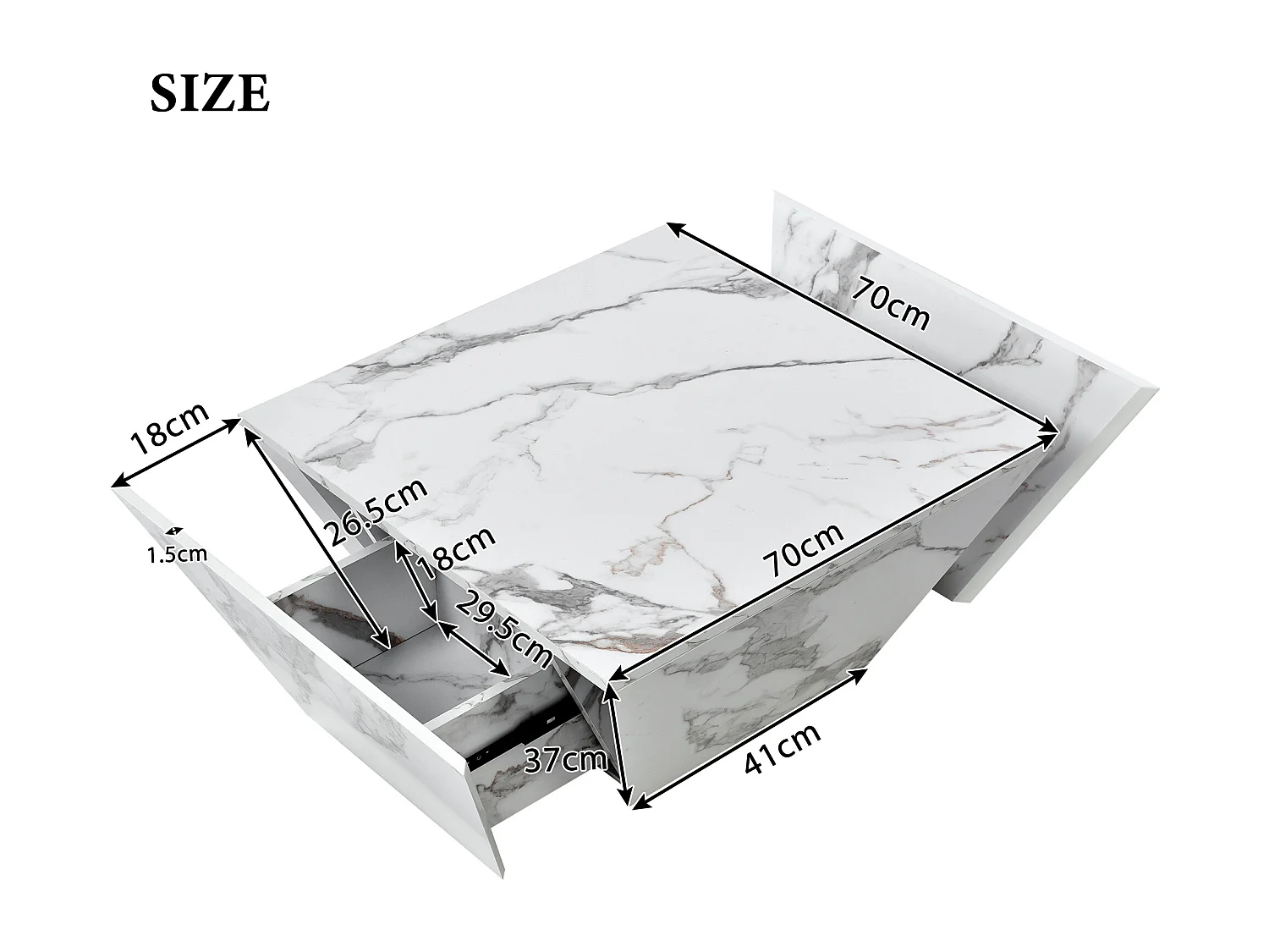 Moderne trapeziumvormige salontafel, blad van wit marmerfineer, MDF, wit (70x70x37cm)