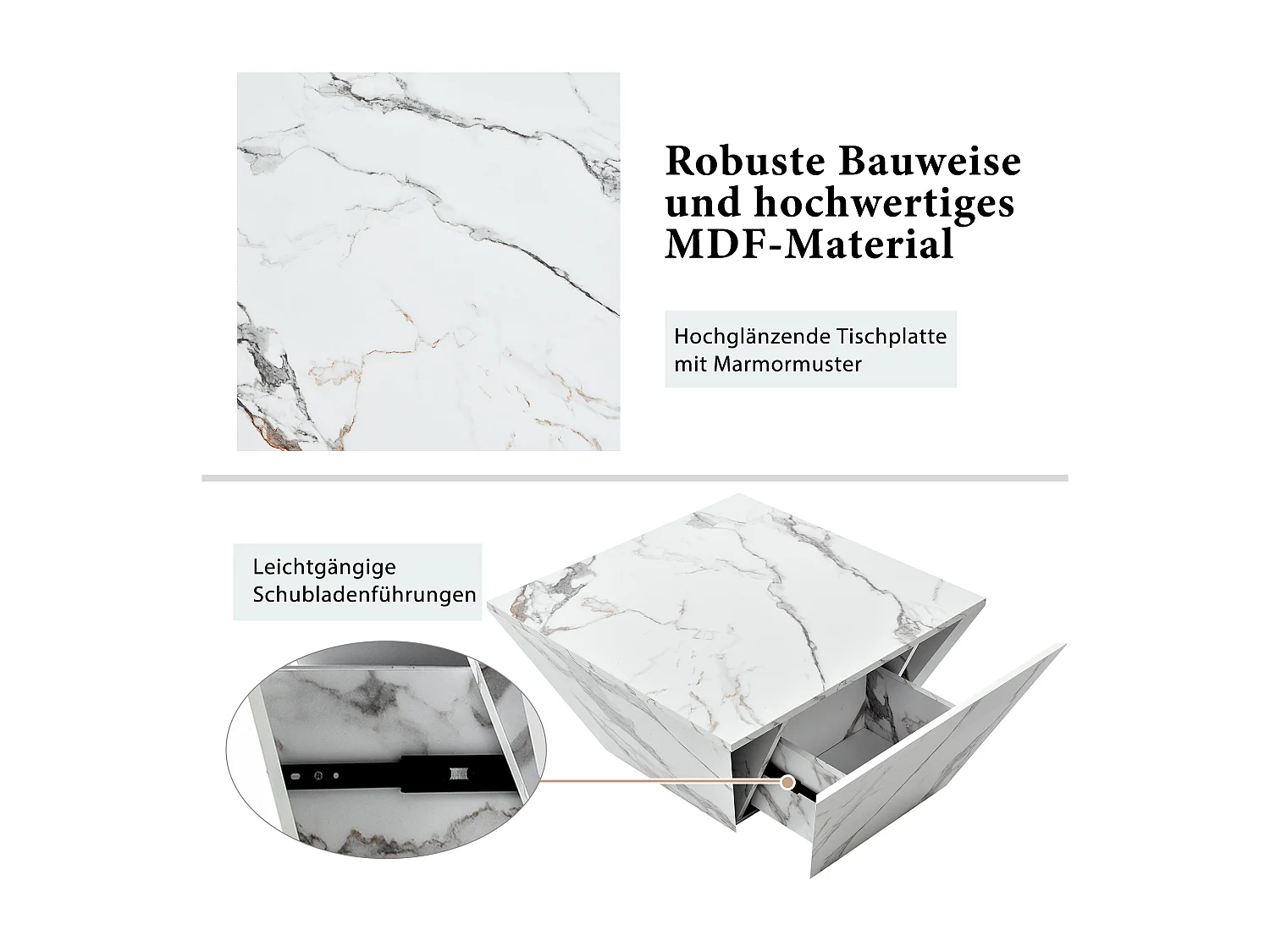 Moderne trapeziumvormige salontafel, blad van wit marmerfineer, MDF, wit (70x70x37cm)