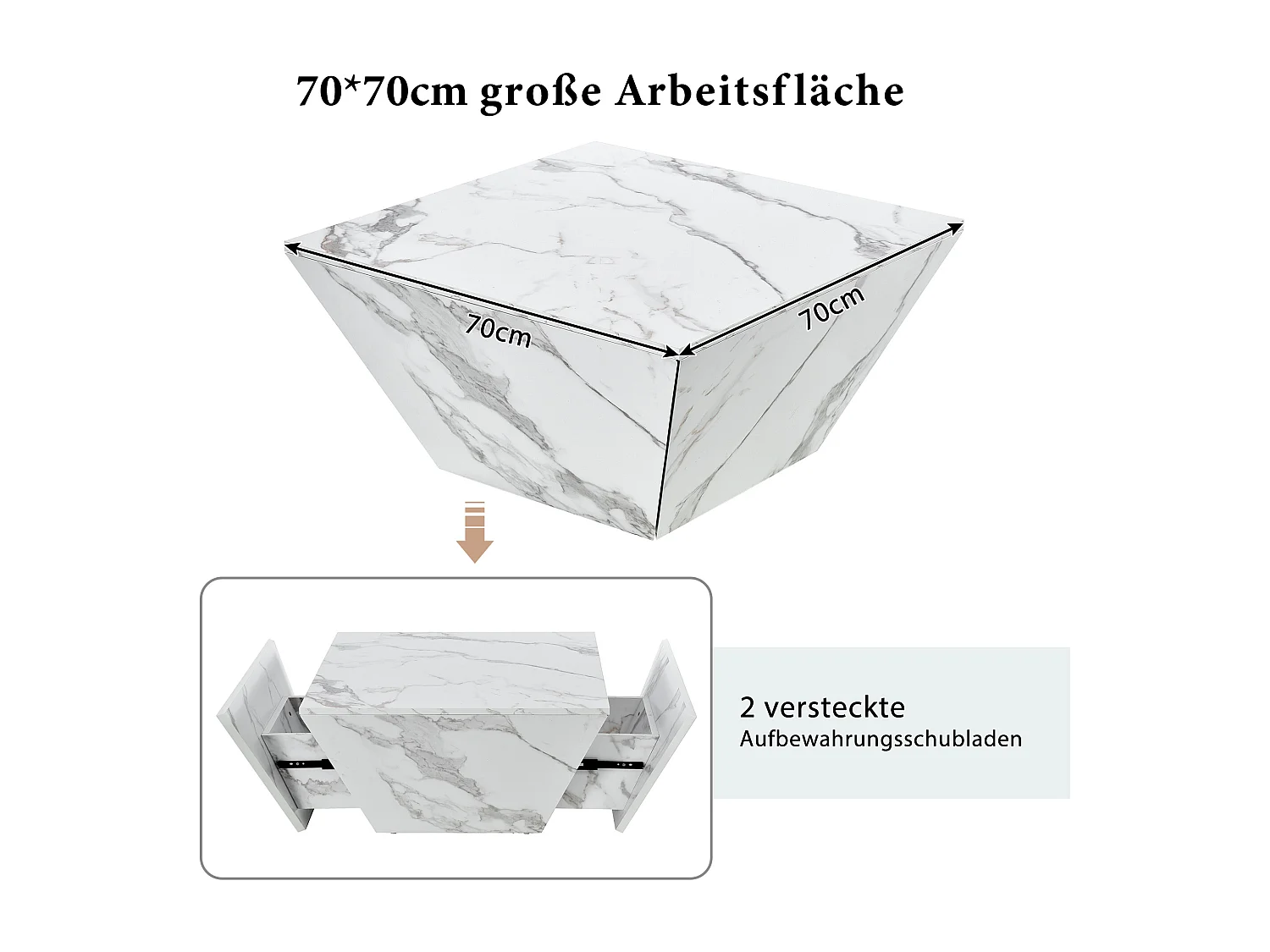 Moderne trapeziumvormige salontafel, blad van wit marmerfineer, MDF, wit (70x70x37cm)
