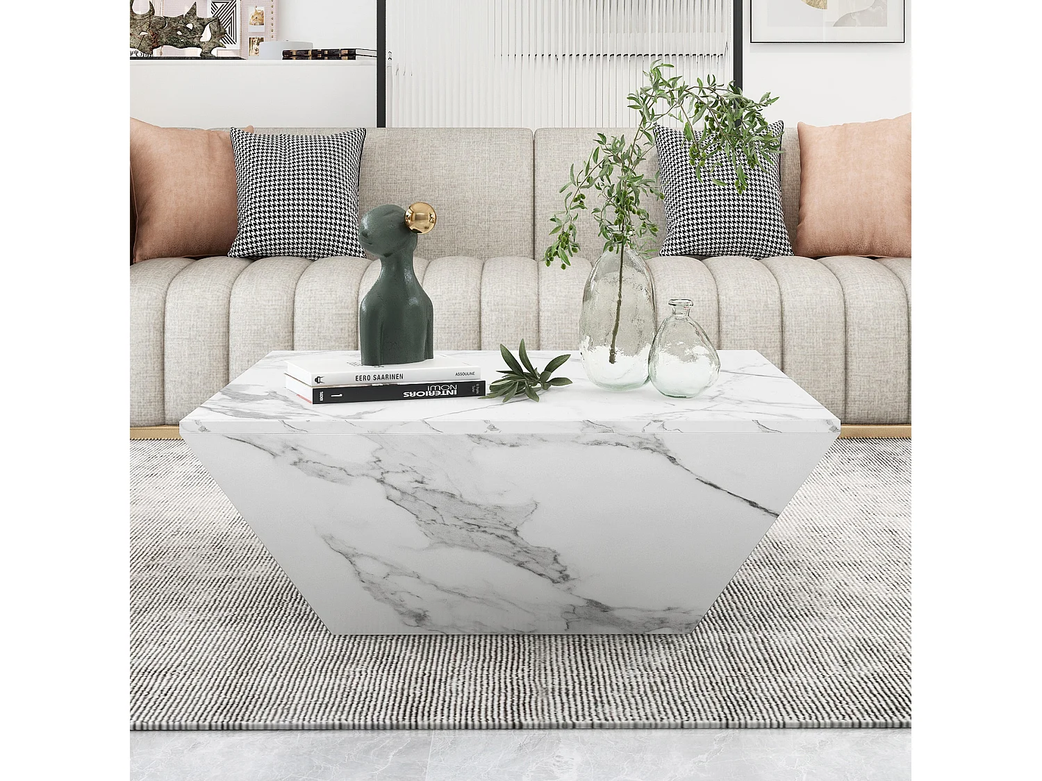 Moderne trapeziumvormige salontafel, blad van wit marmerfineer, MDF, wit (70x70x37cm)