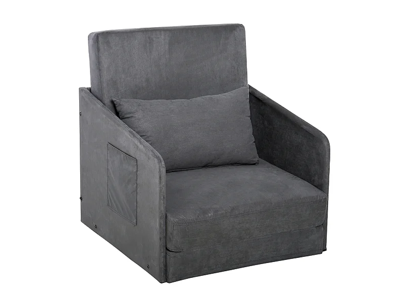Fauteuil omvormbaar tot bed, 2 opbergvakken, metalen frame, polyester, grijs (70x76x77 cm)