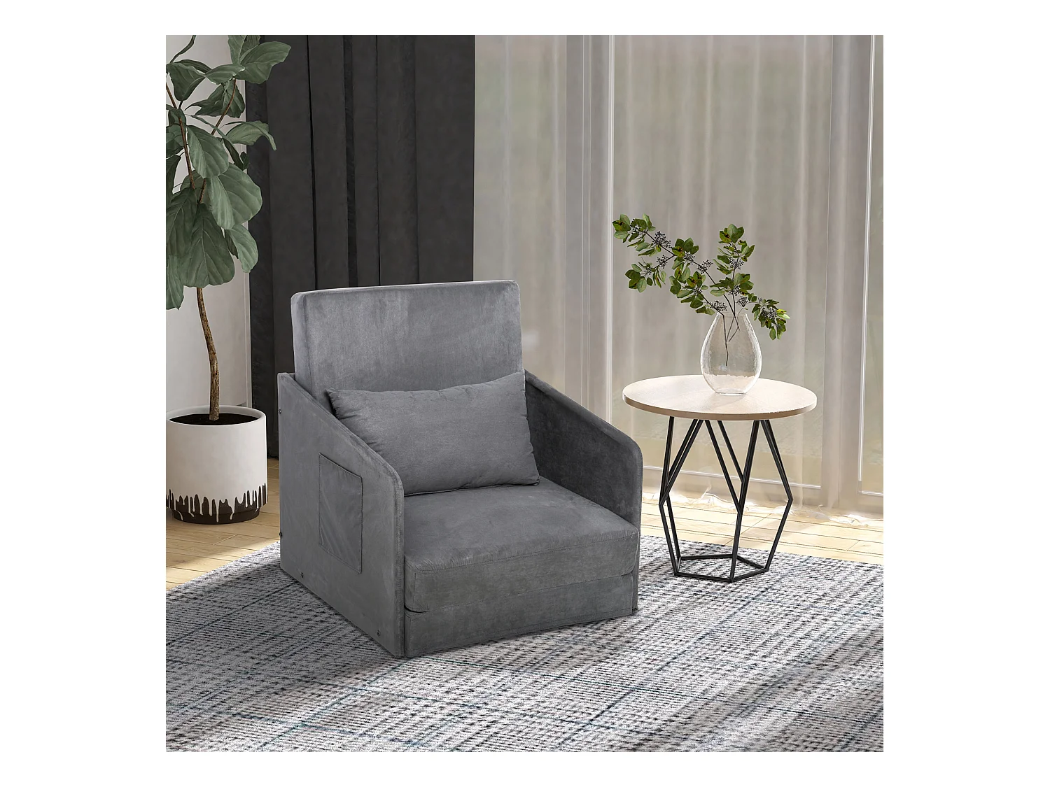 Fauteuil convertible en lit, 2 poches de rangement, cadre métallique, polyester, gris (70x76x77 cm)