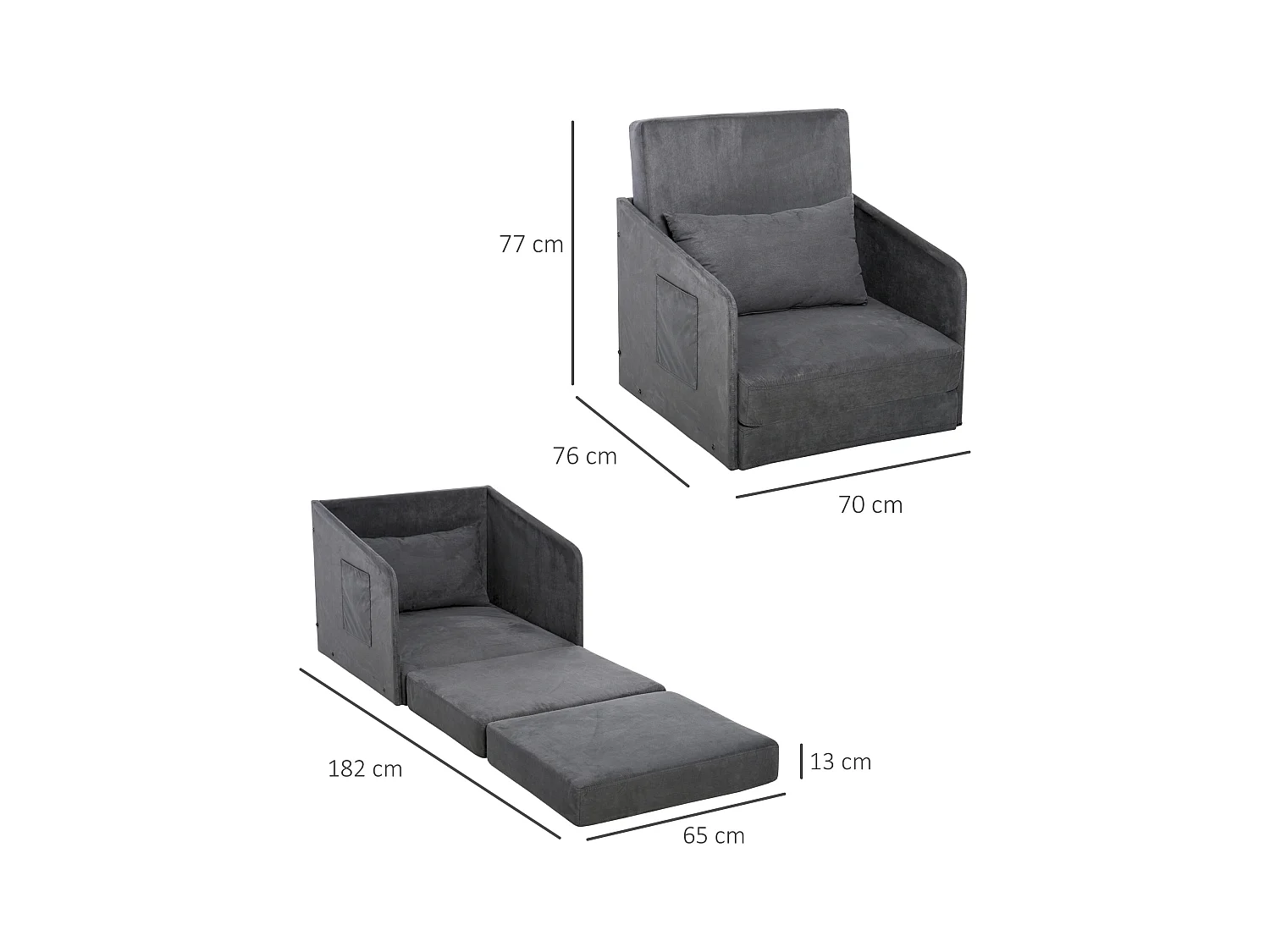 Fauteuil convertible en lit, 2 poches de rangement, cadre métallique, polyester, gris (70x76x77 cm)