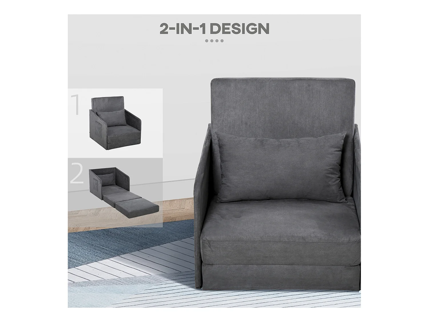 Fauteuil convertible en lit, 2 poches de rangement, cadre métallique, polyester, gris (70x76x77 cm)