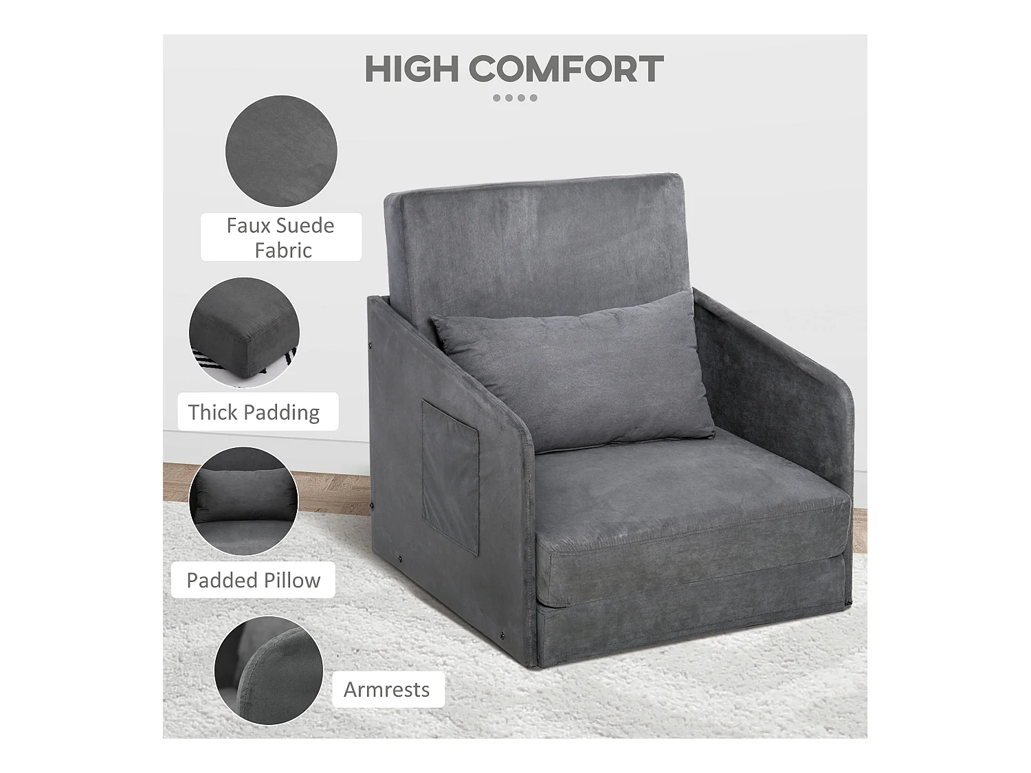 Fauteuil convertible en lit, 2 poches de rangement, cadre métallique, polyester, gris (70x76x77 cm)