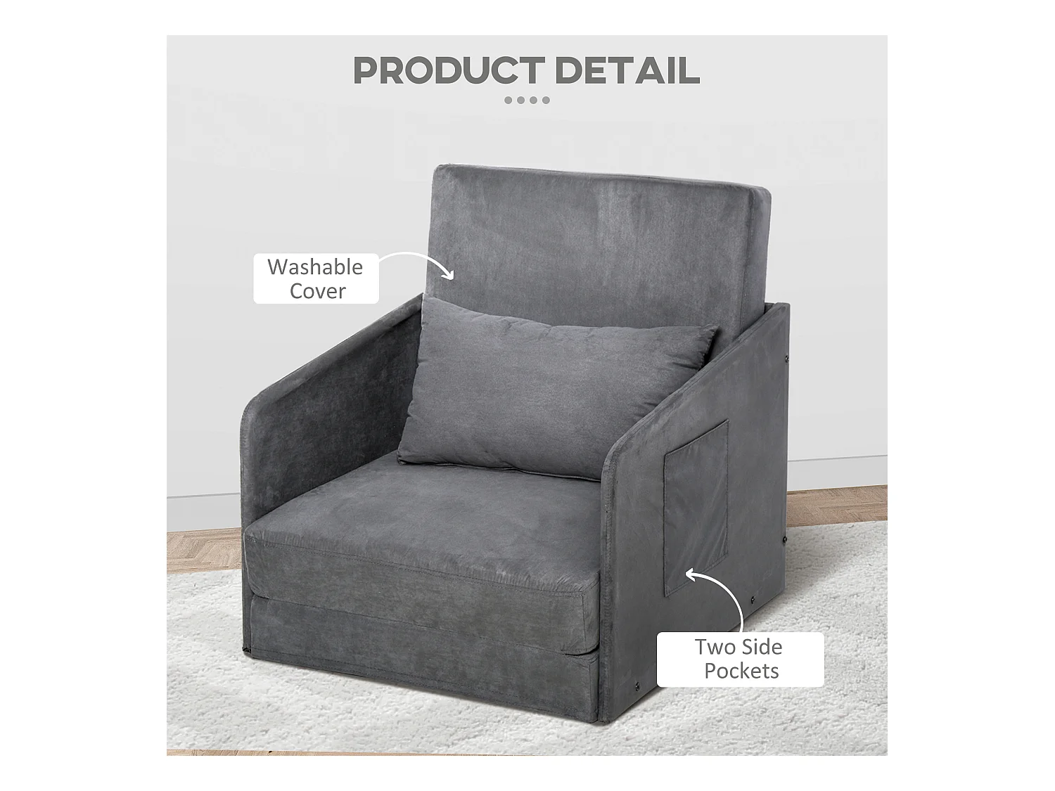 Fauteuil convertible en lit, 2 poches de rangement, cadre métallique, polyester, gris (70x76x77 cm)