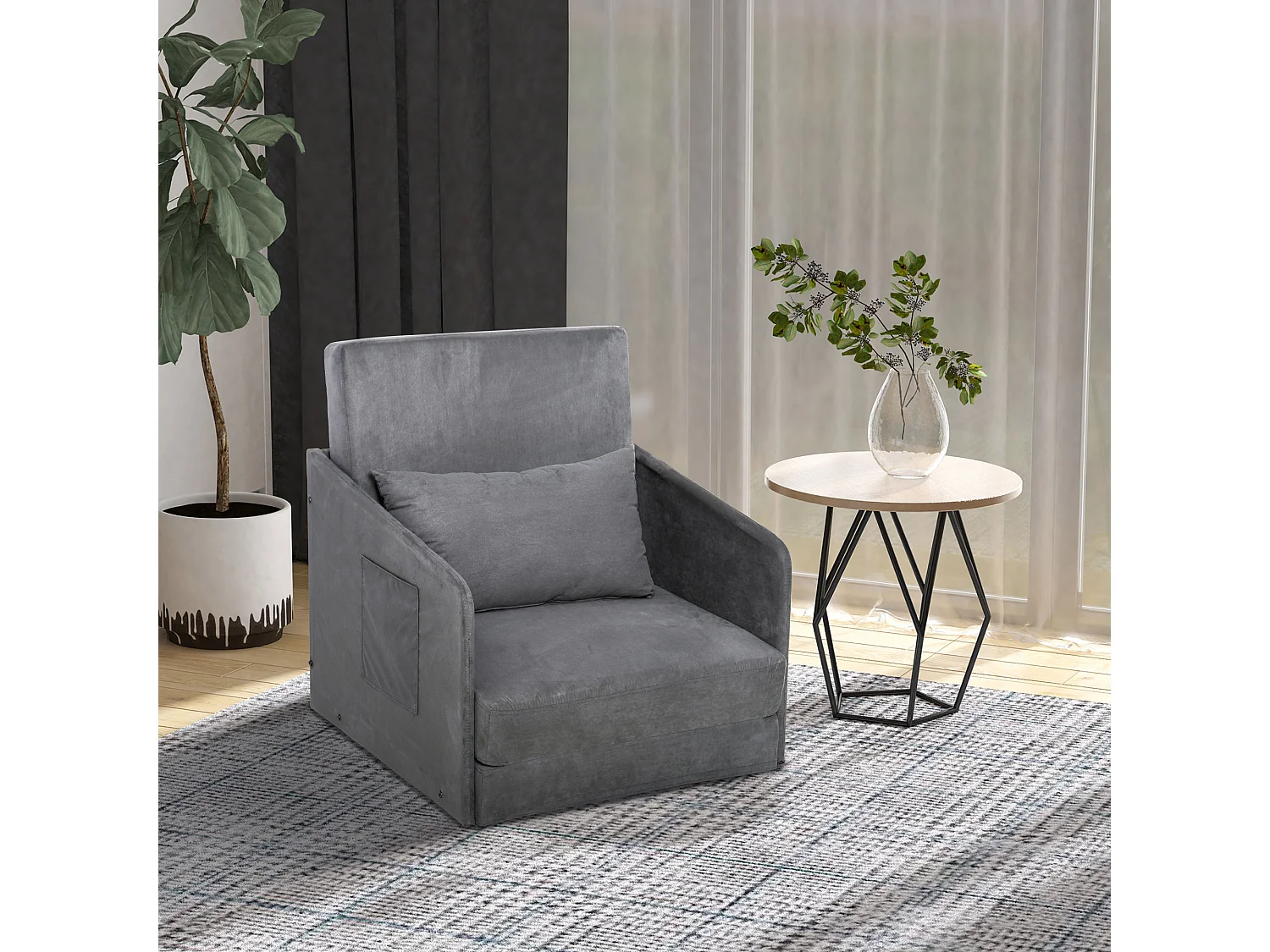 Fauteuil omvormbaar tot bed, 2 opbergvakken, metalen frame, polyester, grijs (70x76x77 cm)