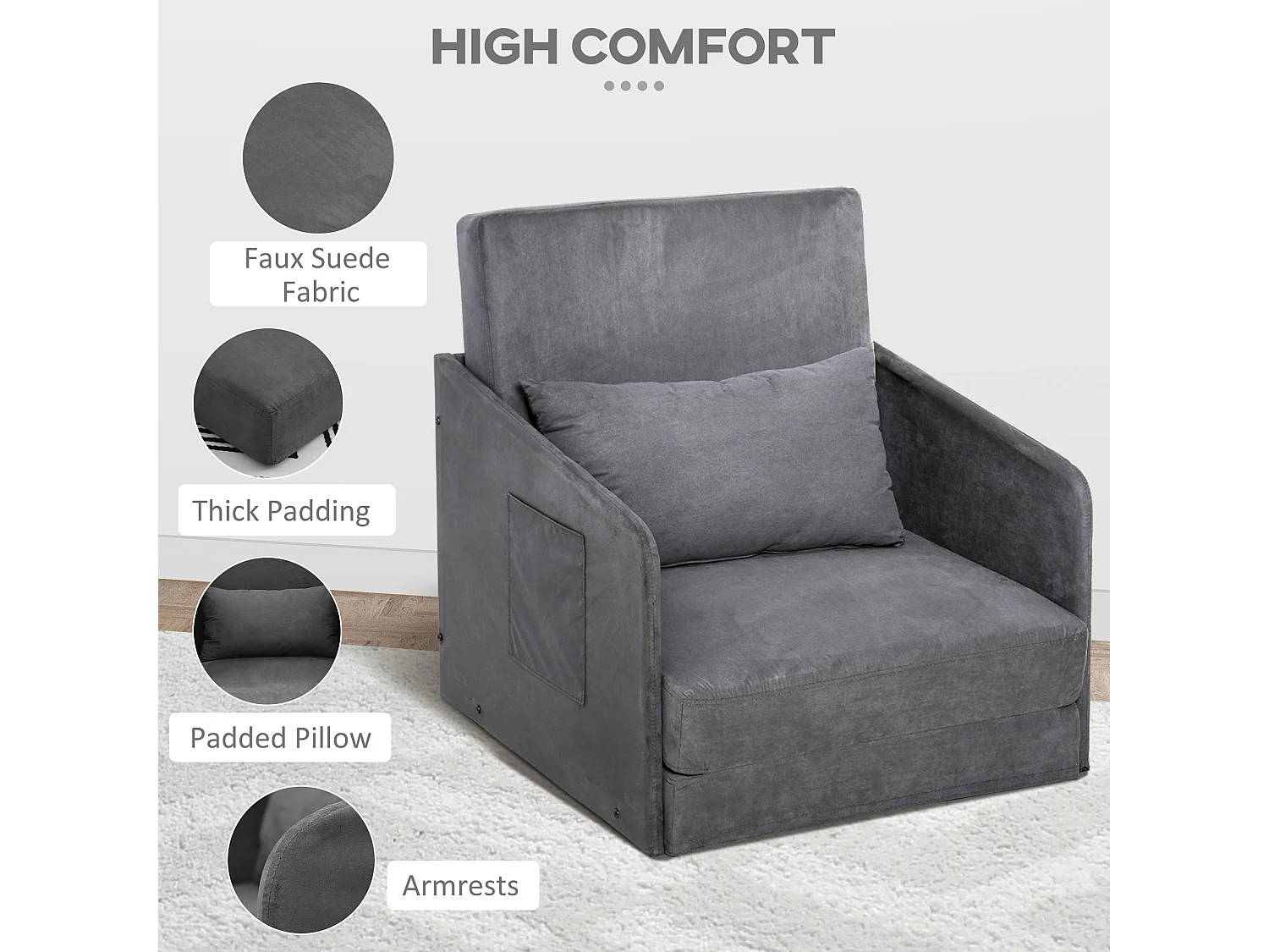 Fauteuil omvormbaar tot bed, 2 opbergvakken, metalen frame, polyester, grijs (70x76x77 cm)