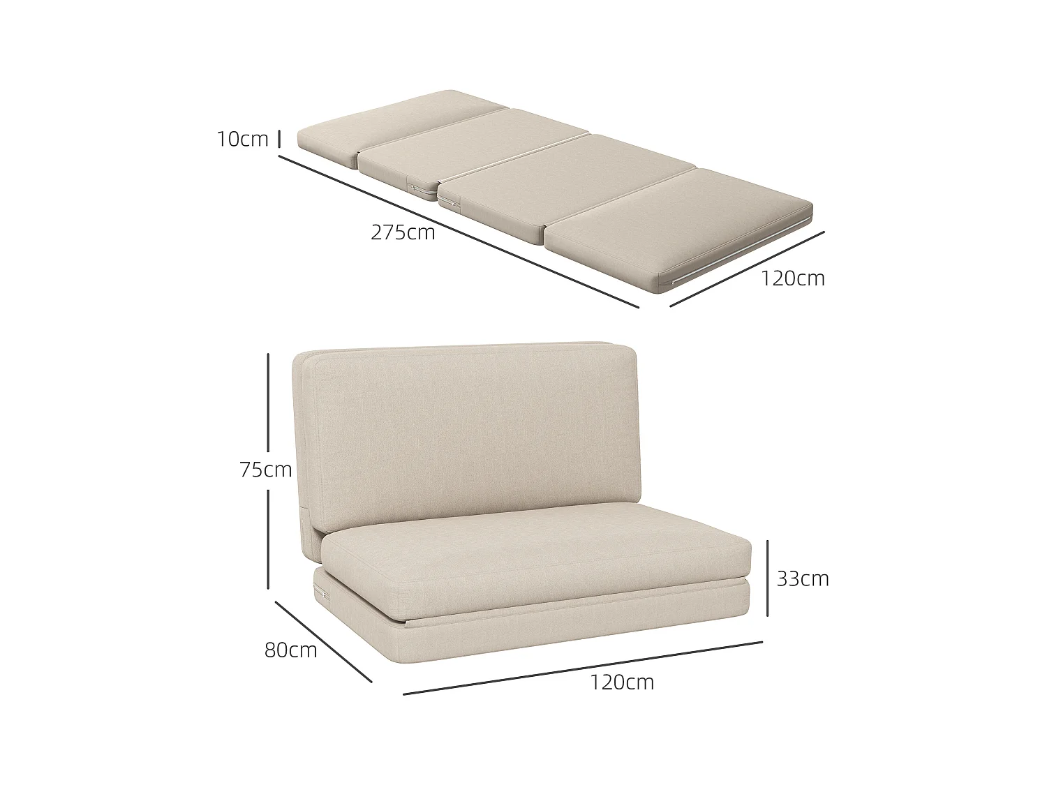 Canapé convertible 3-en-1, velours beige, matelas épais, pliable et confortable, charge 240 kg (275x120x10cm)