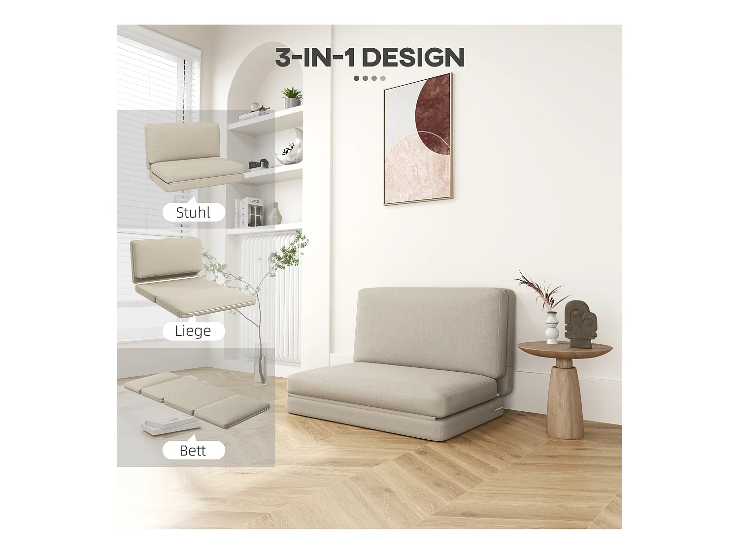 Canapé convertible 3-en-1, velours beige, matelas épais, pliable et confortable, charge 240 kg (275x120x10cm)