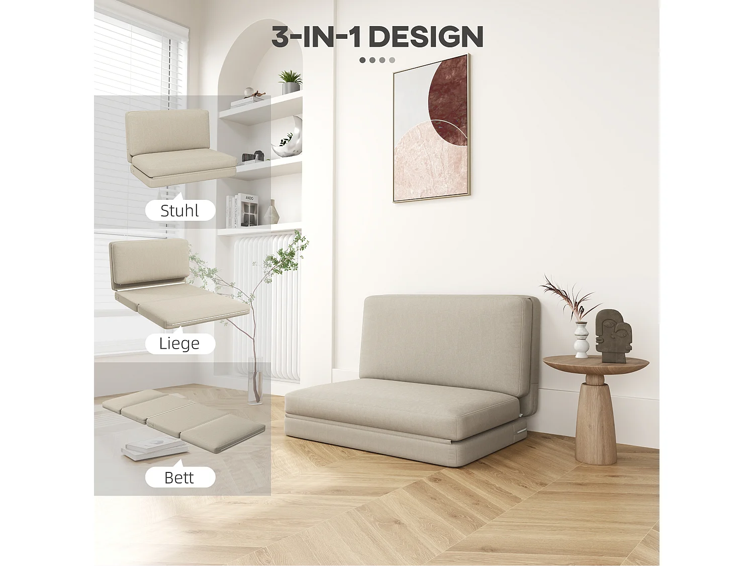 Canapé convertible 3-en-1, velours beige, matelas épais, pliable et confortable, charge 240 kg (275x120x10cm)