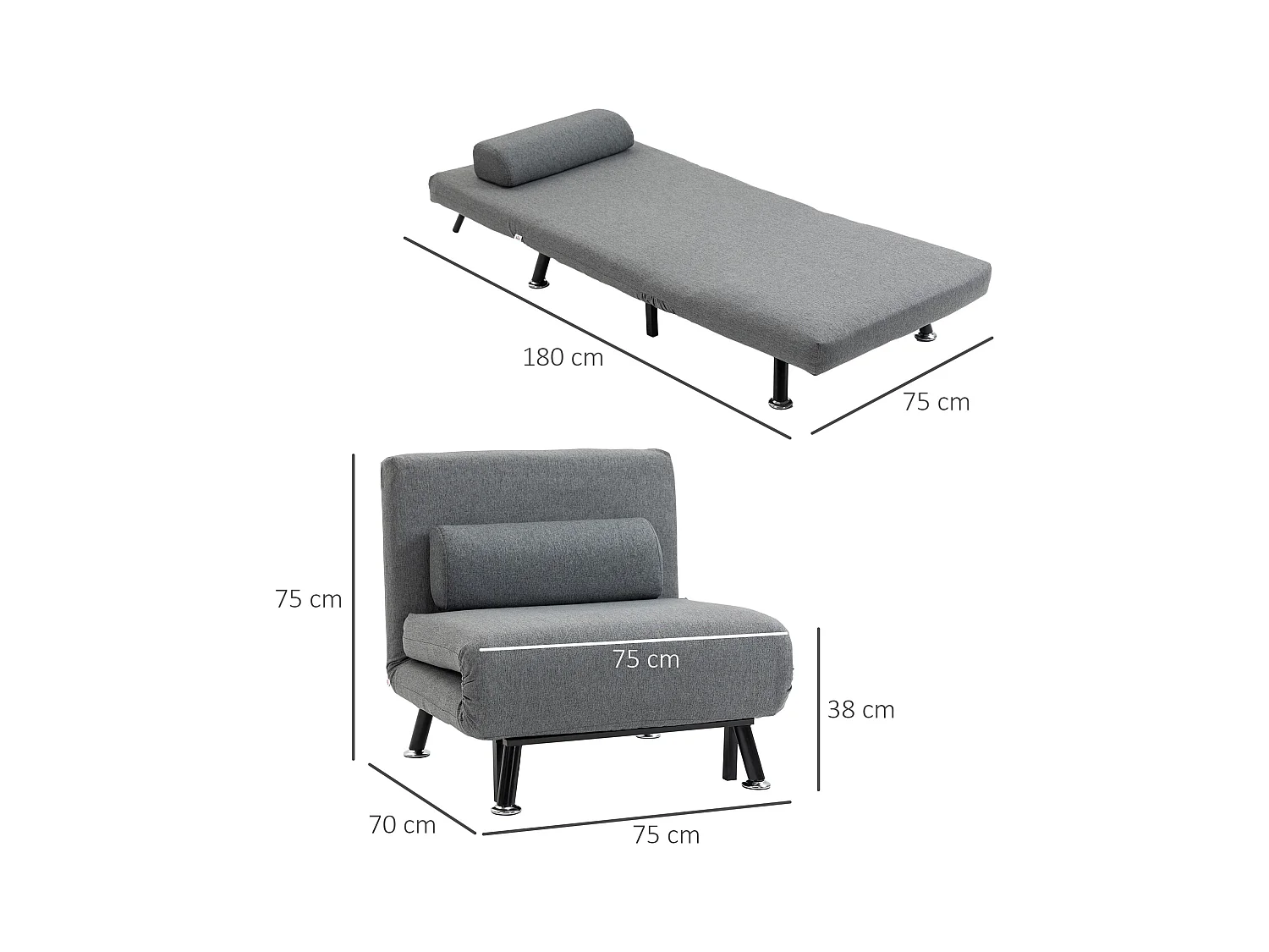 Fauteuil convertible, dossier réglable, Polyester, Gris foncé (75x70x75 cm)