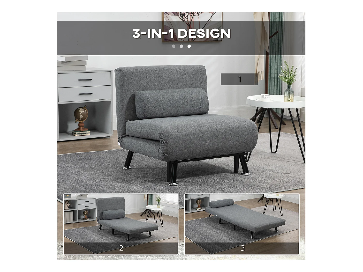 Fauteuil convertible, dossier réglable, Polyester, Gris foncé (75x70x75 cm)