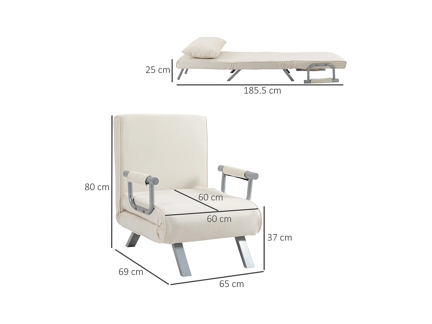 Canapé-lit 3-en-1 avec accoudoir, matelas pliant, polyester, crème (65x69x80cm)