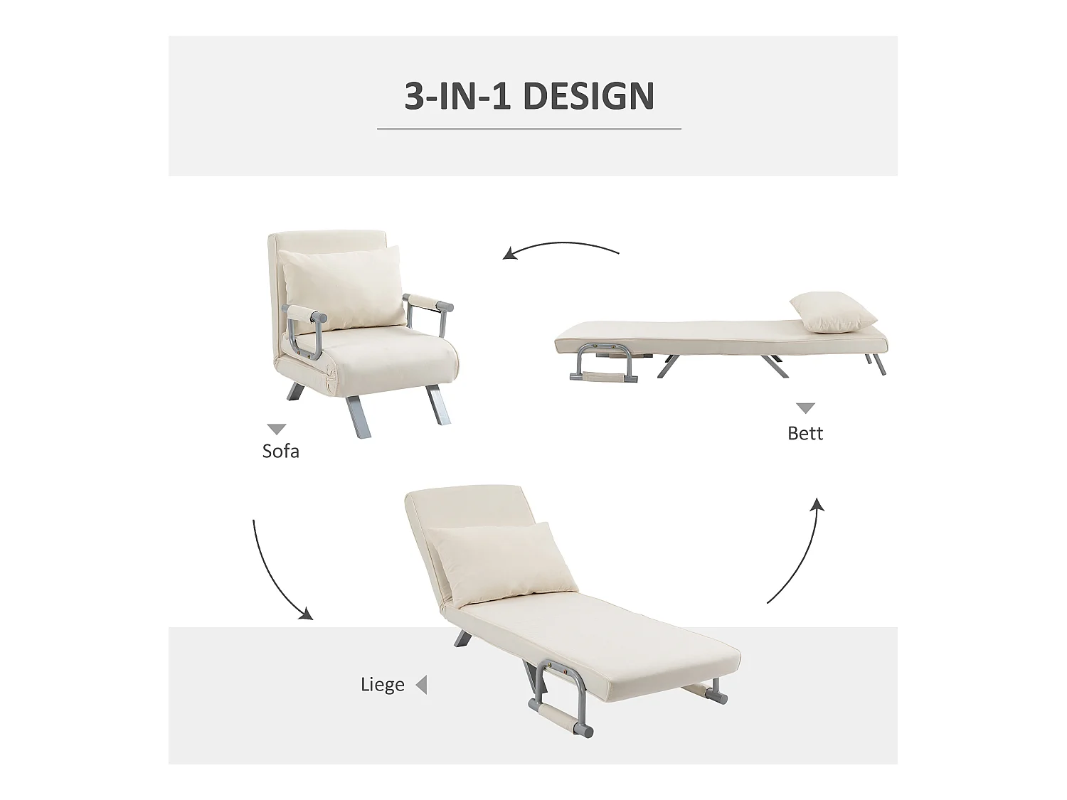 Canapé-lit 3-en-1 avec accoudoir, matelas pliant, polyester, crème (65x69x80cm)