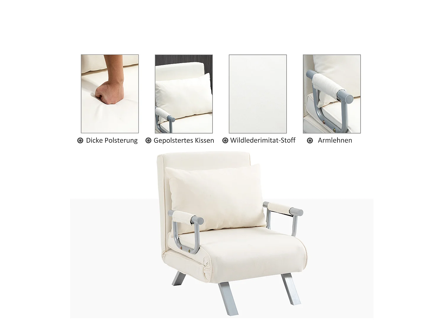 Canapé-lit 3-en-1 avec accoudoir, matelas pliant, polyester, crème (65x69x80cm)