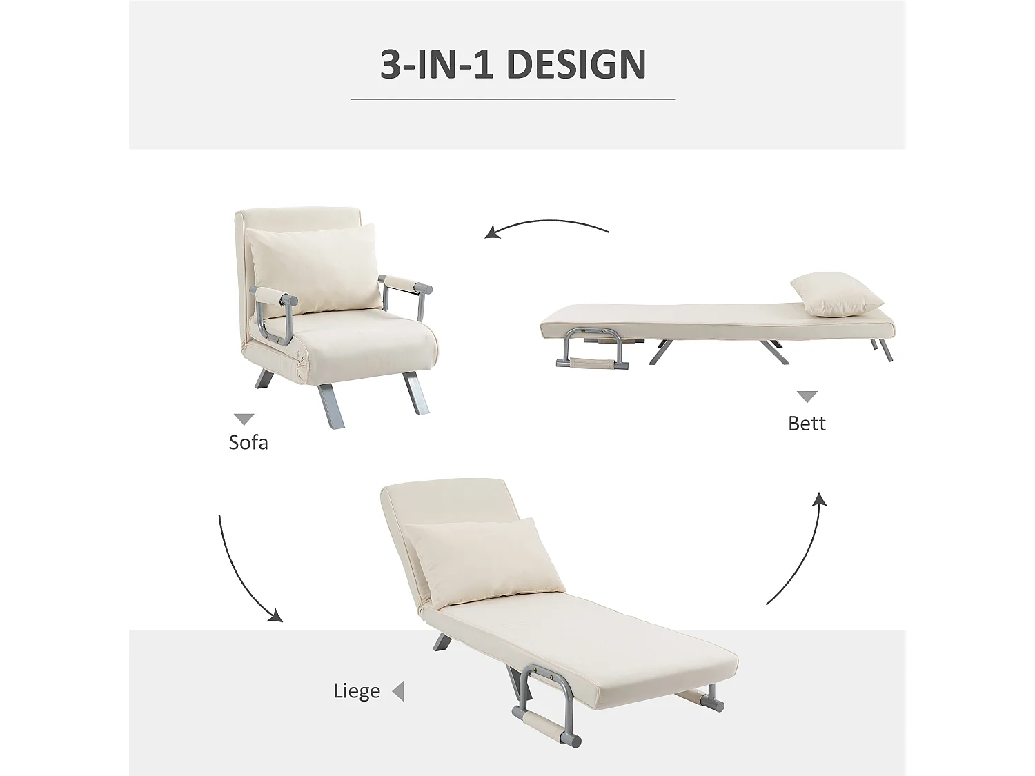 Canapé-lit 3-en-1 avec accoudoir, matelas pliant, polyester, crème (65x69x80cm)