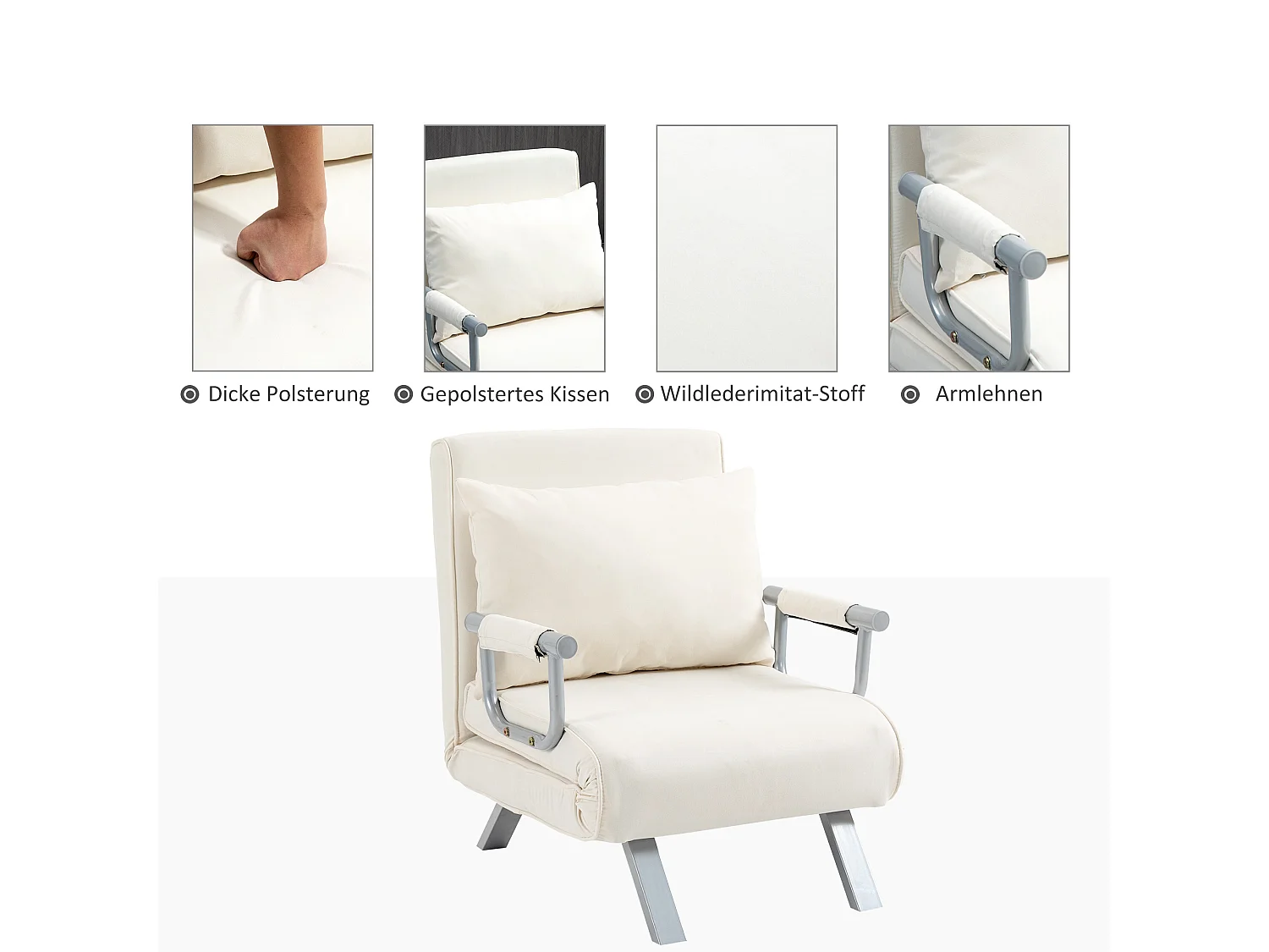 Canapé-lit 3-en-1 avec accoudoir, matelas pliant, polyester, crème (65x69x80cm)