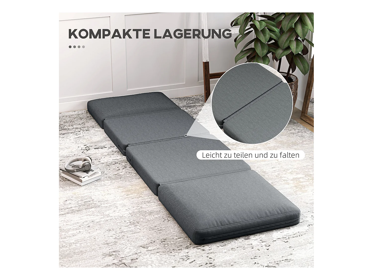 Canapé au sol 3-en-1 pliable avec aspect velours, 240 kg max, tissu polyester, gris foncé (75x268x18 cm)