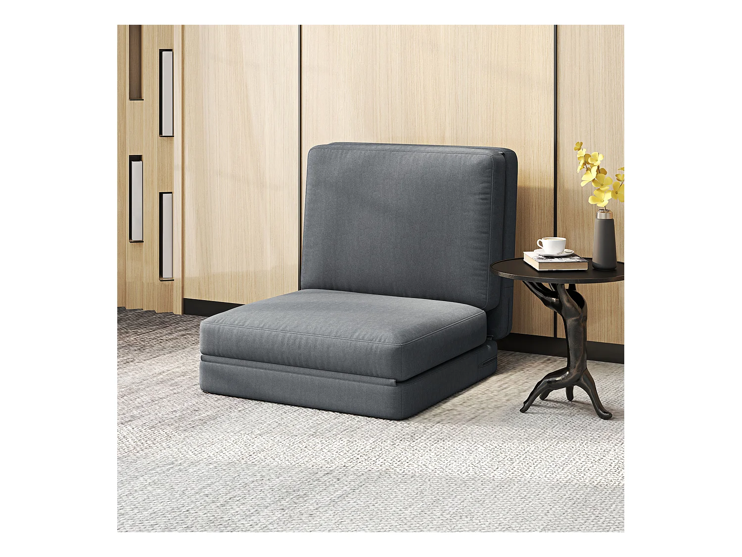 Canapé au sol 3-en-1 pliable avec aspect velours, 240 kg max, tissu polyester, gris foncé (75x268x18 cm)