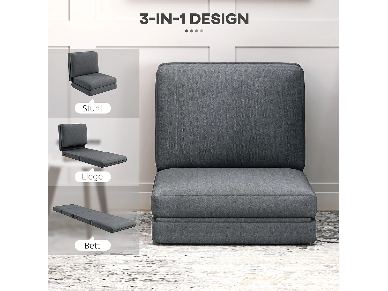 Canapé au sol 3-en-1 pliable avec aspect velours, 240 kg max, tissu polyester, gris foncé (75x268x18 cm)