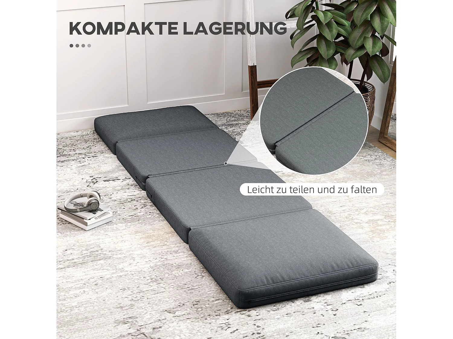 Canapé au sol 3-en-1 pliable avec aspect velours, 240 kg max, tissu polyester, gris foncé (75x268x18 cm)