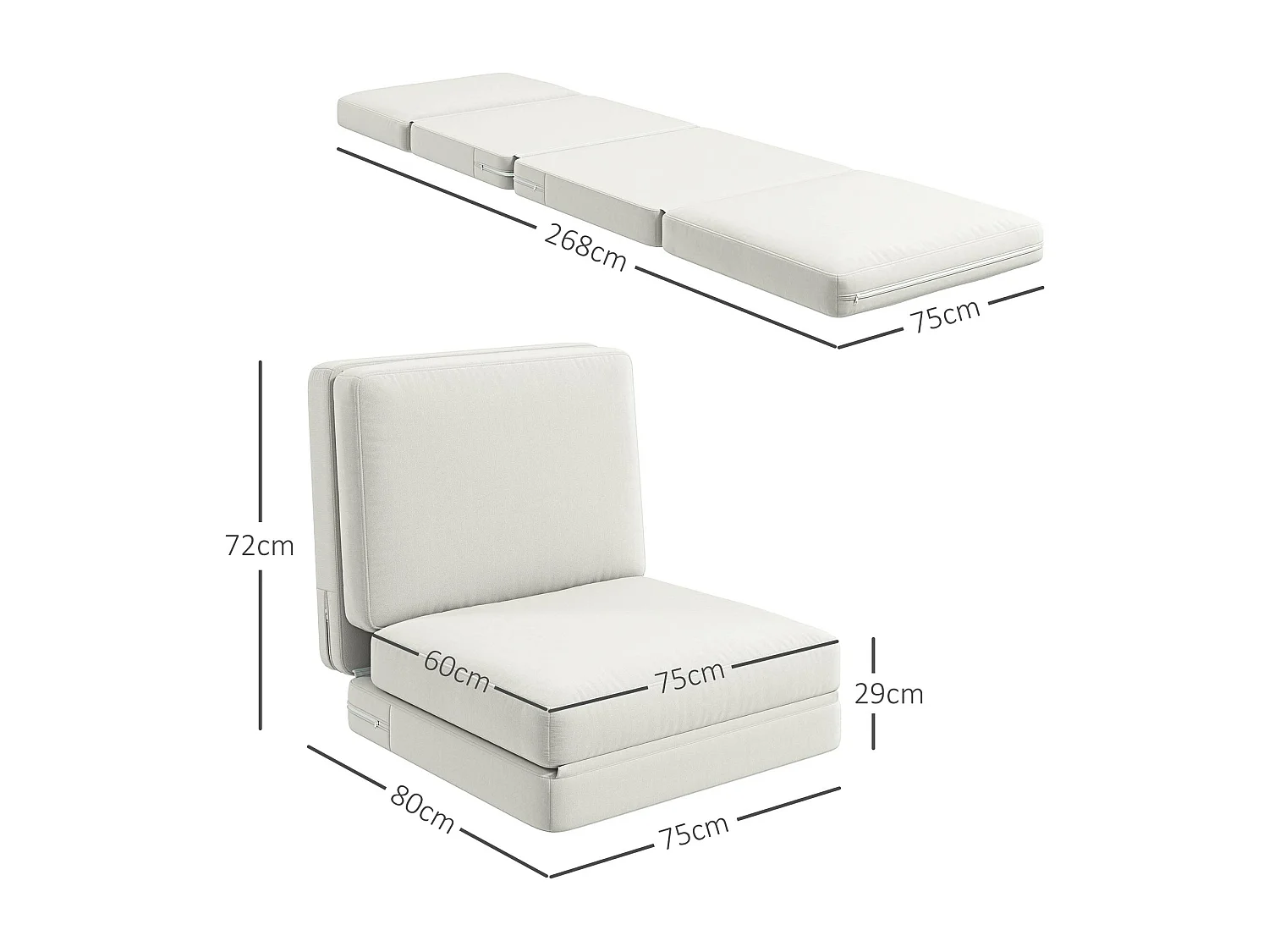 Canapé au sol 3-en-1 pliable, canapé-lit avec tissu velouté, jusqu'à 240 kg de capacité, pour salon et chambre, blanc crème (268x75x18 cm)