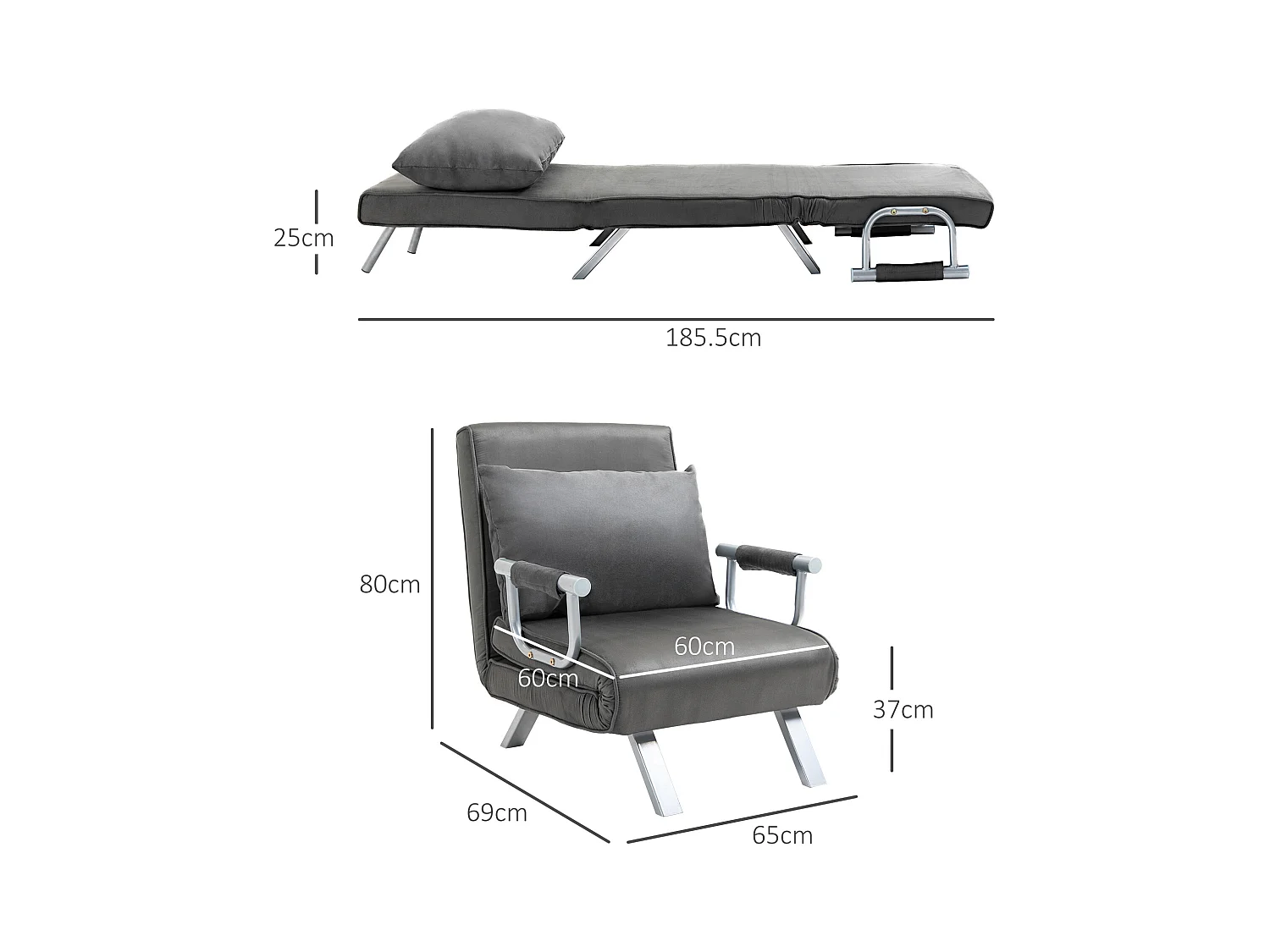 Canapé-lit 3-en-1, fauteuil convertible en lit, matelas pliant, chaiselongue en simili cuir gris (65x69x80 cm)
