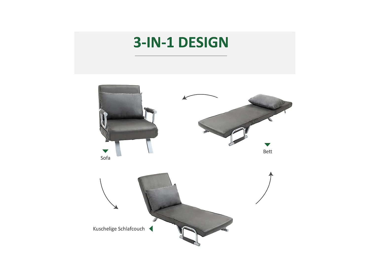 Canapé-lit 3-en-1, fauteuil convertible en lit, matelas pliant, chaiselongue en simili cuir gris (65x69x80 cm)