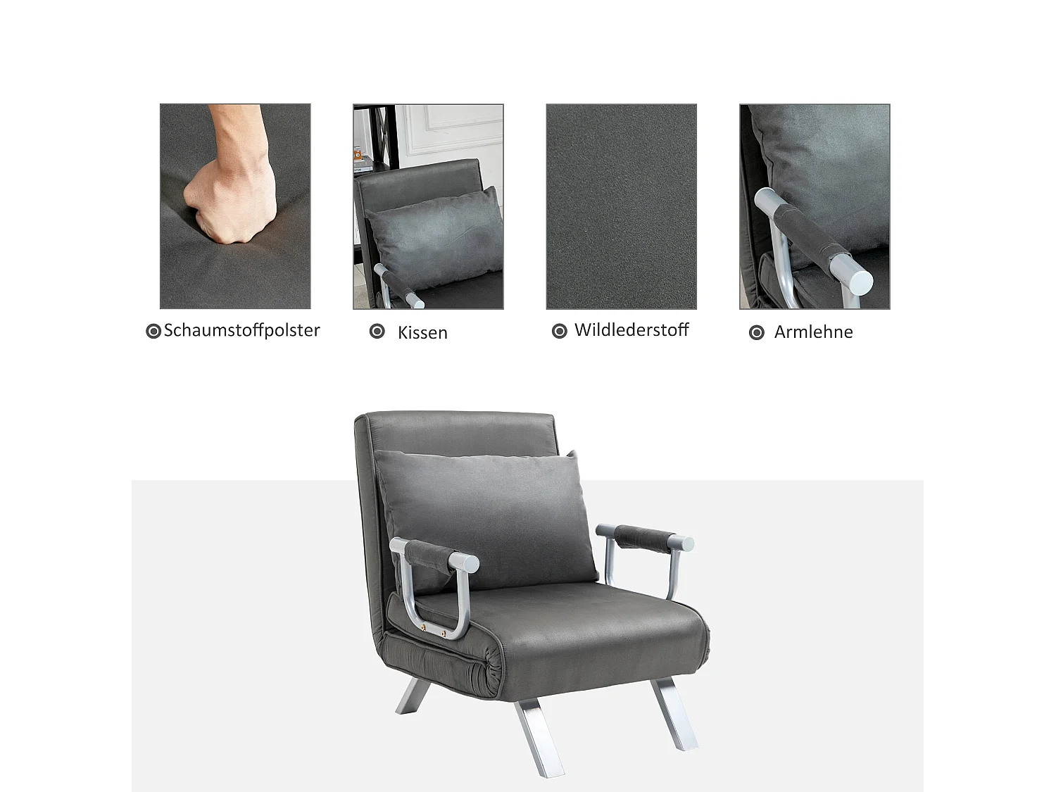 Canapé-lit 3-en-1, fauteuil convertible en lit, matelas pliant, chaiselongue en simili cuir gris (65x69x80 cm)